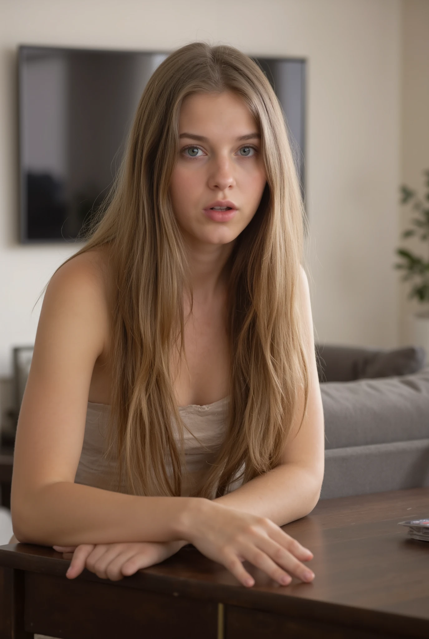   long light brown hair ,    young girl  ,  18 years old, German,  Cute crop top,  nude  ,  Scared,  surprised ,  high angle view,    look at the viewer   , in the modern German living room,   pretty face, 4k, Lean on the desk , Sweet ass .