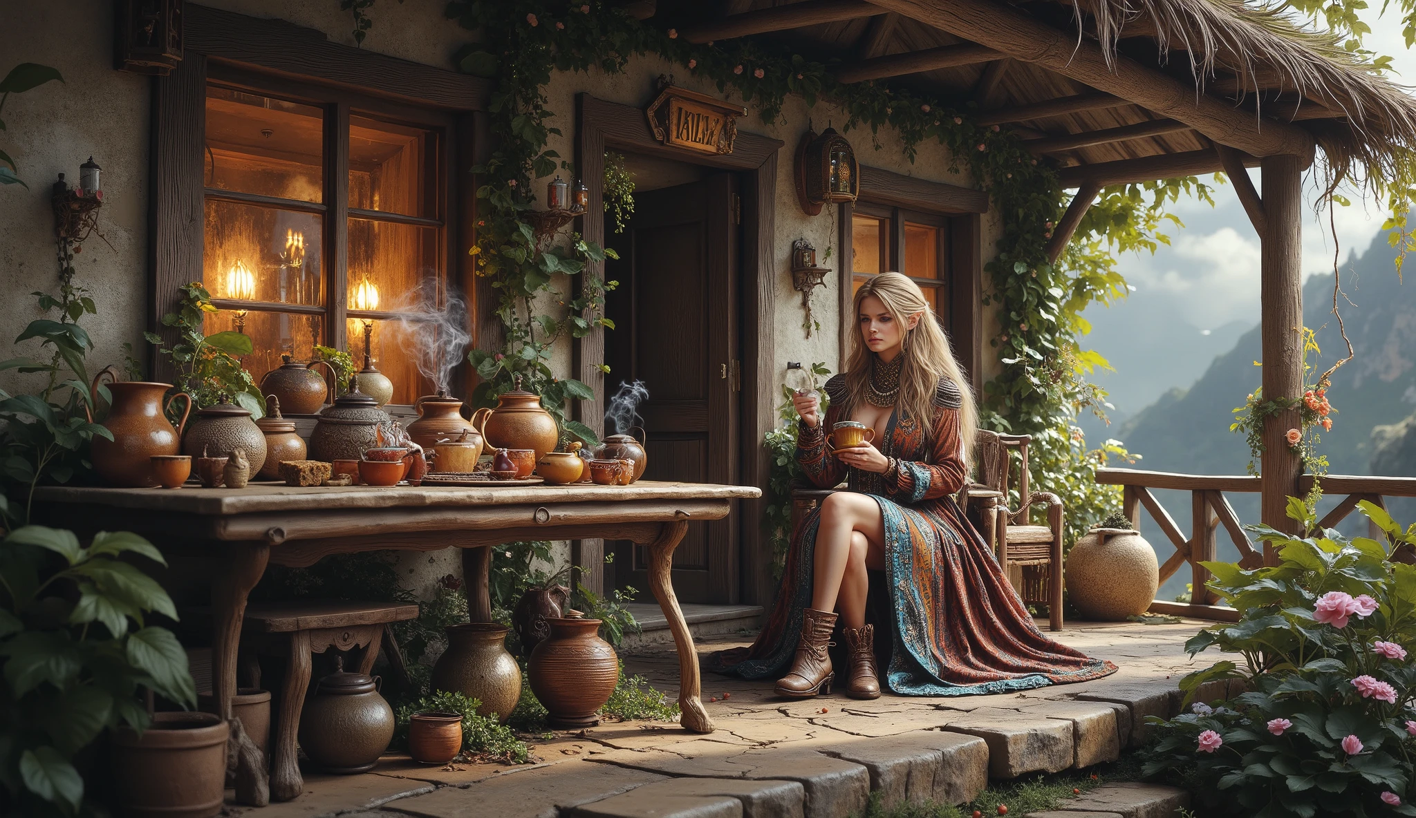 (best quality, 128k,highres,masterpiece:1.2),ultra-detailed,(realistic,photorealistic,photo-realistic:1.37), ((masterpiece)) ((photography)) ((Highest quality)) A serene fantasy scene featuring a beautiful elf with long, flowing hair enjoying a steaming cup of tea while sitting on the porch of a quaint, rustic cottage. She wears a detailed, flowing dress with earthy tones and intricate patterns, complemented by sturdy brown boots. The cottage is adorned with wooden window frames, thatched roof, flowering plants cascading from the windowsill, and an assortment of vintage pots and teapots arranged on a wooden table. Soft sunlight filters through the scene, casting a warm glow and creating a peaceful atmosphere.
artstation photorealistic sensuality pen and ink whimsical Full body Steve Hanks beautifully lit Josephine Wall feminine alcohol ink breathtaking Youthful sfumato Lee Bogle revealing Jose Royo ©Jürgen G high detail, high definition very attractive and beautiful realistic rendering of arms and legs patchwork line art Watercolor with ink pen outline Fantastic Composition