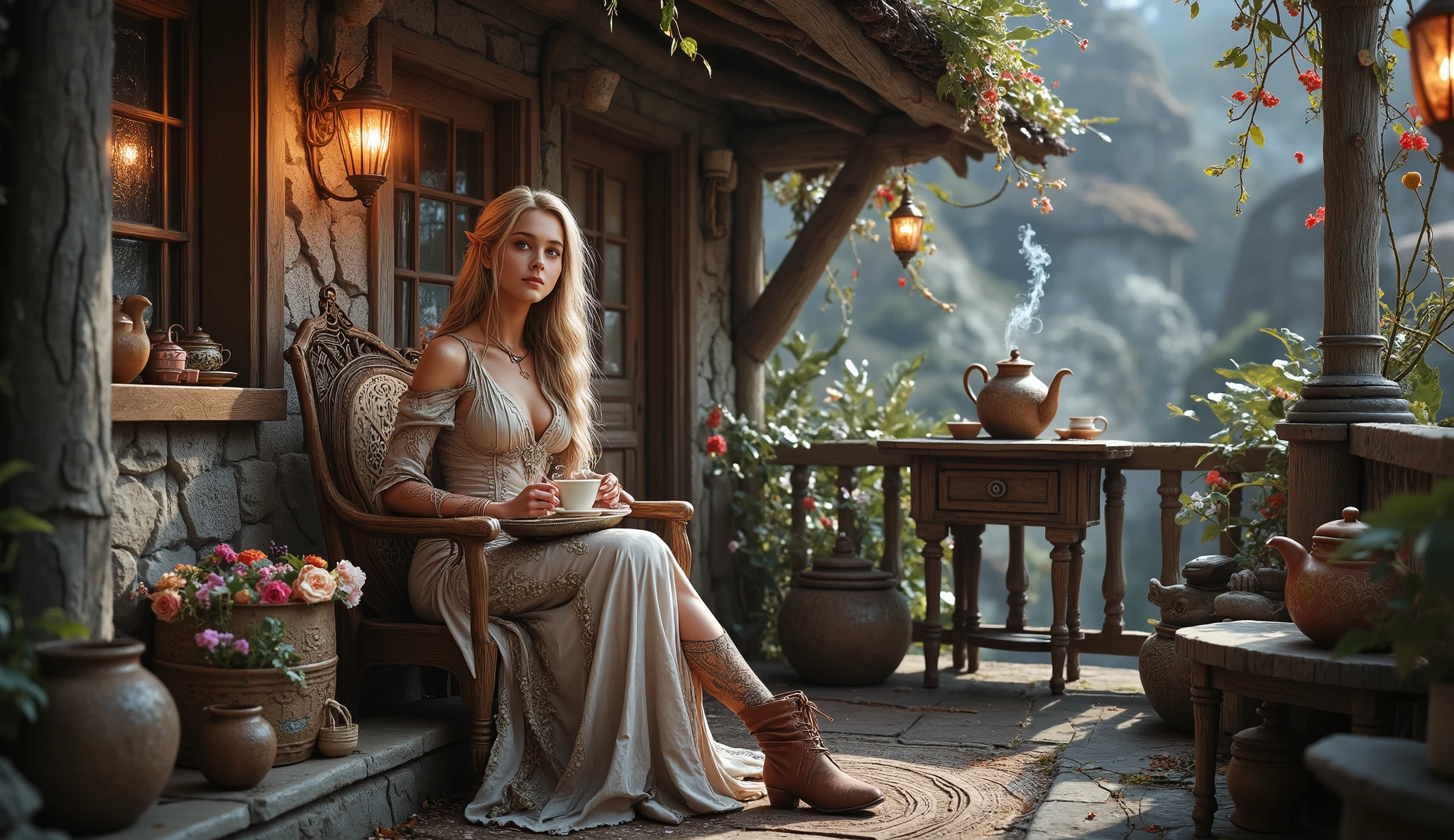 (best quality, 128k,highres,masterpiece:1.2),ultra-detailed,(realistic,photorealistic,photo-realistic:1.37), ((masterpiece)) ((photography)) ((Highest quality)) A serene fantasy scene featuring a beautiful elf with long, flowing hair enjoying a steaming cup of tea while sitting on the porch of a quaint, rustic cottage. She wears a detailed, flowing dress with earthy tones and intricate patterns, complemented by sturdy brown boots. The cottage is adorned with wooden window frames, thatched roof, flowering plants cascading from the windowsill, and an assortment of vintage pots and teapots arranged on a wooden table. Soft sunlight filters through the scene, casting a warm glow and creating a peaceful atmosphere.
artstation photorealistic sensuality pen and ink whimsical Full body Steve Hanks beautifully lit Josephine Wall feminine alcohol ink breathtaking Youthful sfumato Lee Bogle revealing Jose Royo ©Jürgen G high detail, high definition very attractive and beautiful realistic rendering of arms and legs patchwork line art Watercolor with ink pen outline Fantastic Composition