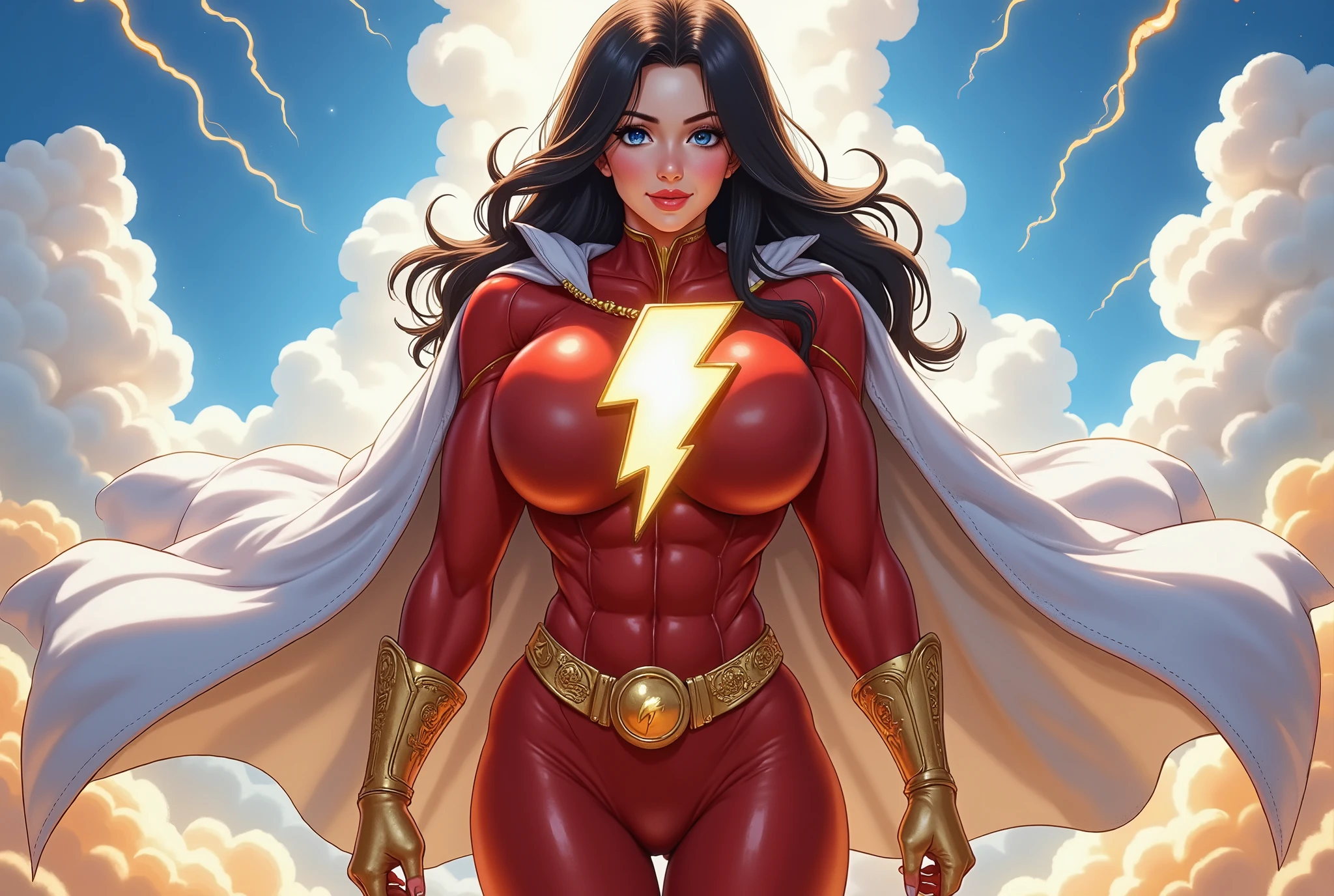 1 beautiful girl (( 19s, mary marvel (shazam , dc comics) ,big breasts, voluptuous body,red lipstick,blushing, brown ( long hair) , blue eyes, sexy girl )), clothed (( Mary Marvel (DC Comics) LoRA)), red dress