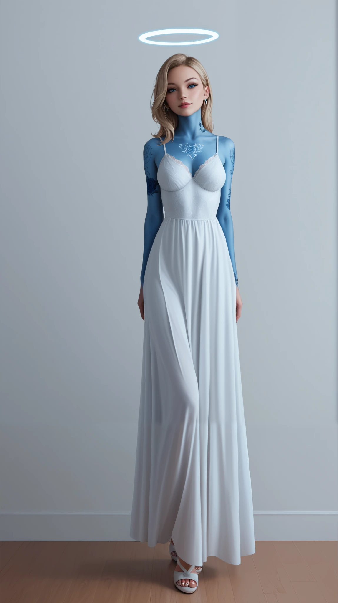Strikingly Beautiful Woman on a sticker, straight neck, wearing a white and blue long flowing swirling gaussian dress, blue rose back tattoos, full portrait shot, looking straight at camera, facing camera, halo of blue and white roses floating above head, long shot, sticker, poster art, blue and white ink, ink drawing, blue ink, 8k resolution, photorealistic, hyperdetailed, blue-white background blue rose tattoos on arms and shoulders, clean line art, fine dark line