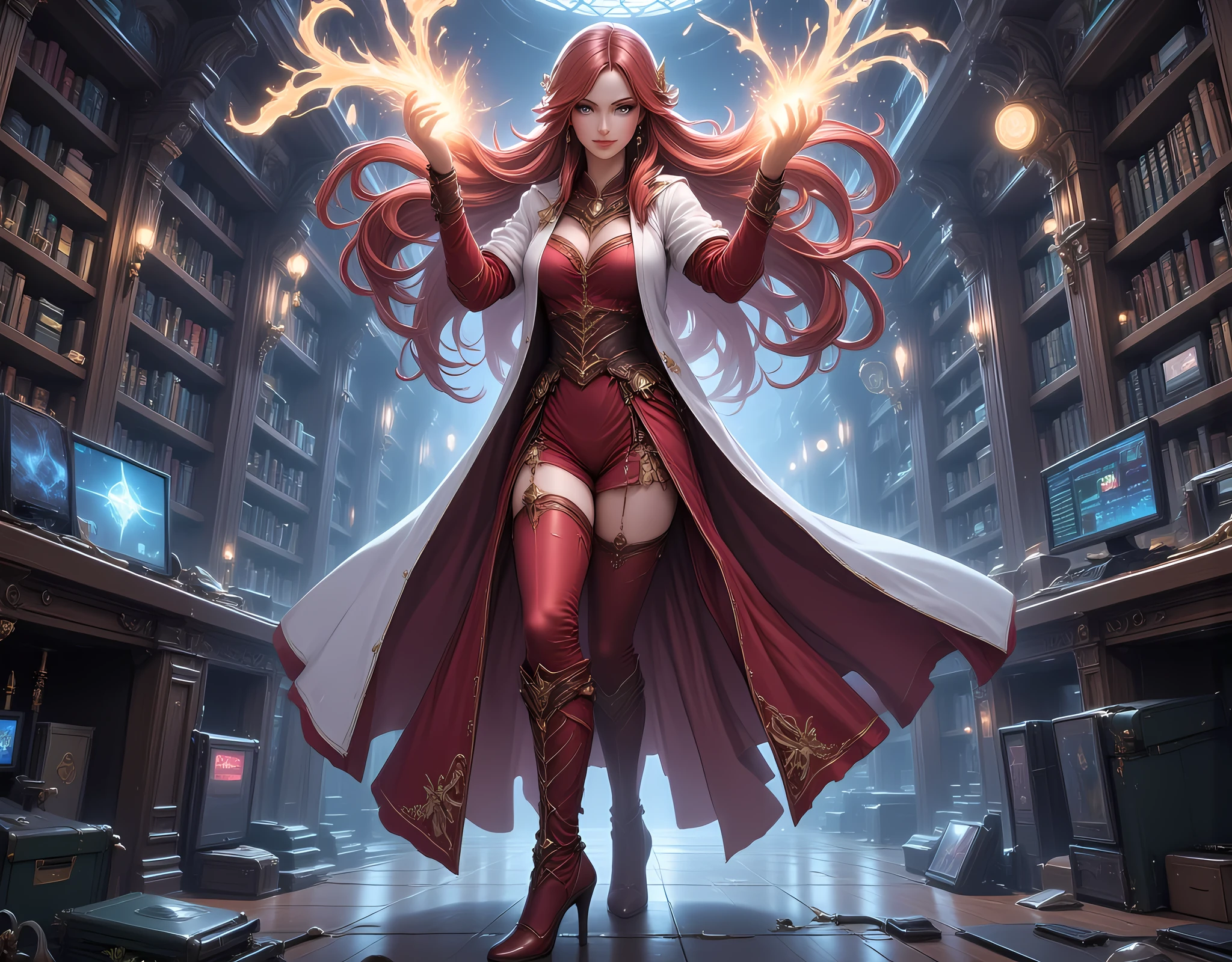 picture of a sorceress casting a Chronomancy magic spell in science library, exquisite beautiful woman, dynamic hair color, dynamic hair style, ((full body shot: 1.5)), (ultra detailed face: 1.2), best detailed face, high details, best quality, 16k, (red dress: 1.2), (white cloak: 1.3), high heeled boots, computer lab background, (ultra details, Masterpiece, best quality) masterpiece, best quality, (extremely detailed), full body, ultra wide shot, (ultra details, Masterpiece, best quality), fantasy art, dnd art, fantasy art, realistic art, (ultra details, Masterpiece, best quality), (ultra details, Masterpiece, best quality),