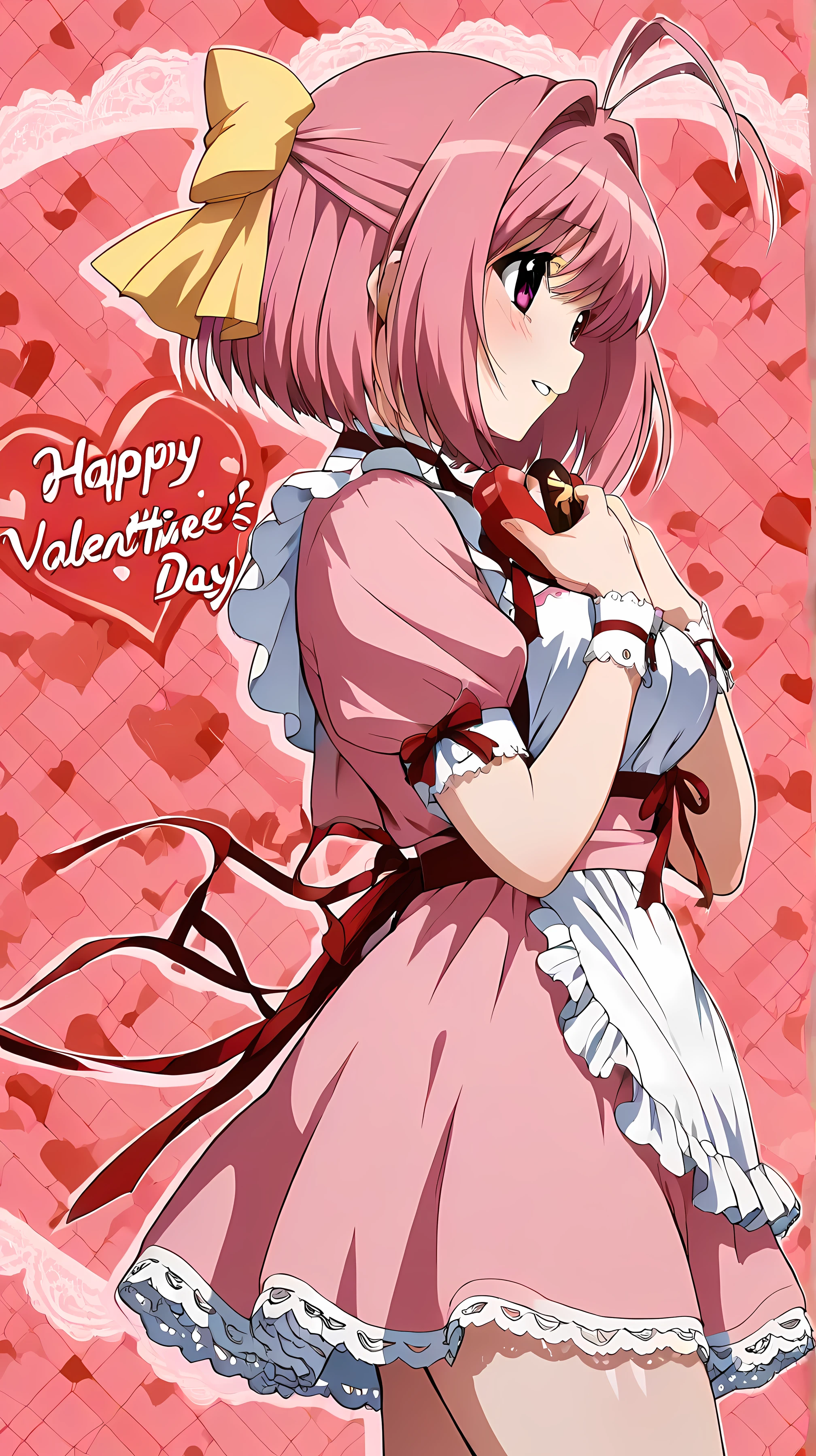 nakagawa kanon, The World God Only Knows, kanon nakagawa, short hair, pink hair, hair bow, pink eyes, antenna hair, (anime), valentine, Alone, Beautiful Thighs, from side, Turn around here, yellow ribbon, cowboy shot, maid clothes, clavicle, white lace pattern background, heart, happy Valentine, It says "happy Valentine", masterpiece best quality, absurdres very aesthetic, ver awa, general, depth of field,intricate details, clean outline, thin lines, clear-edged_thin-outline, a best cute bikini maid girl high-s in love, nakagawa kanon, The World God Only Knows, (anime), short hair, pink hair, hair bow, pink eyes, antenna hair, (anime), ashamed smile, parted lips, heart hands over chest, cute pose, standing, light pink simple designed background, cowboy shot, from front view, heart-warming snapshot, (happy Valentine's Day) for you (theme), clavicle, white lace pattern background, heart, eautiful Thighs, Valentine, happy Valentine,