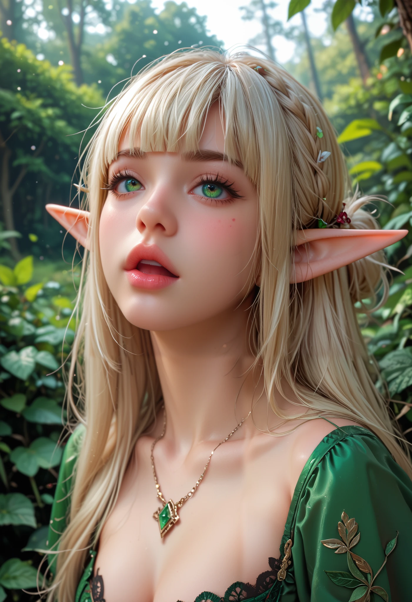 Hair covers my bare chest、 Open your mouth loosely  、、depression、20 years old、elf, elves、elf ear,  blonde hair 、 red cheeks 、 pink lips、 long straight hair、Bob、hime cut、green cloth,  upper body、  Look up at the viewers 、 in deep forest background、