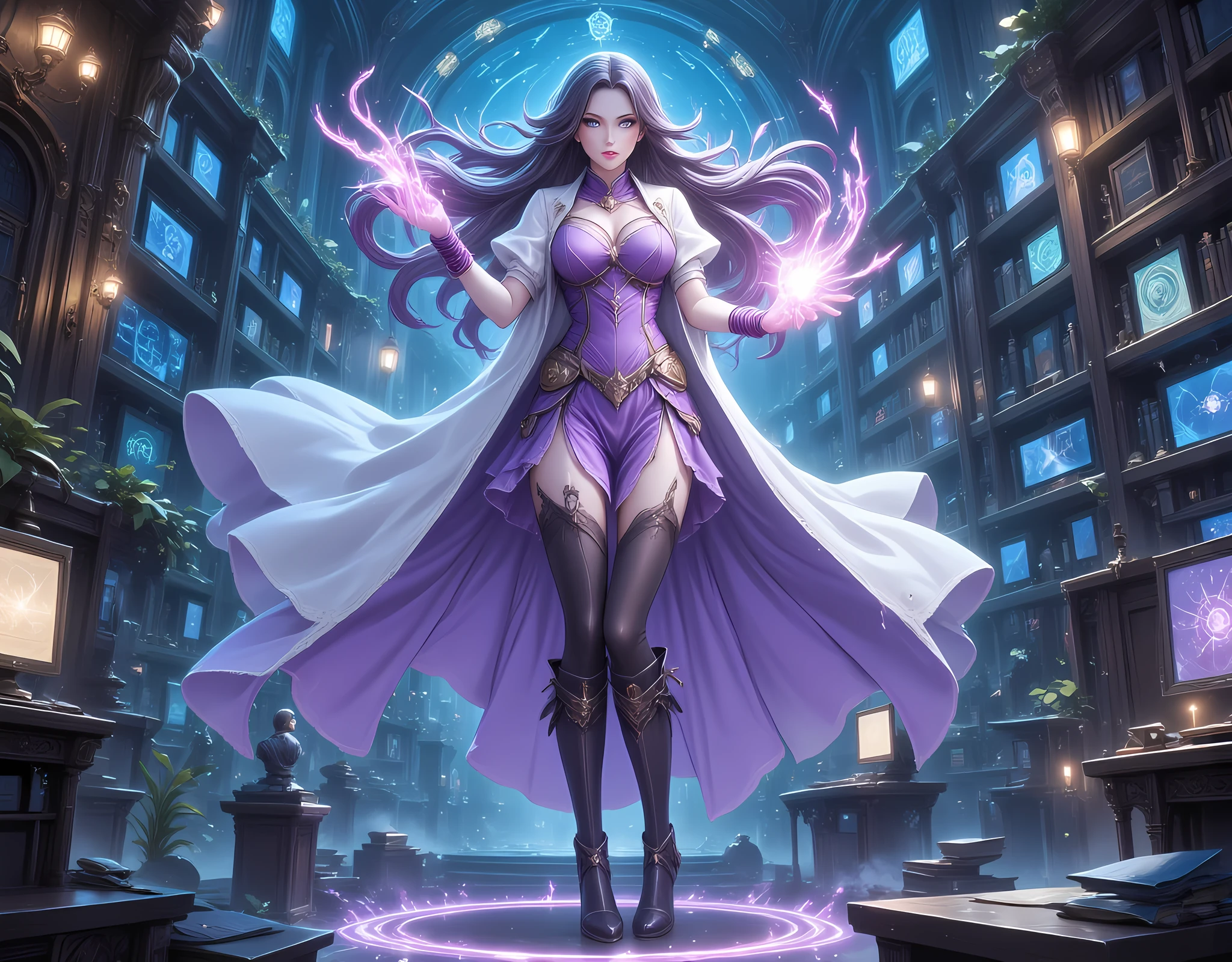 picture of a sorceress casting a Chronomancy magic spell in science library, exquisite beautiful woman, dynamic hair color, dynamic hair style, ((full body shot: 1.5)), (ultra detailed face: 1.2), best detailed face, high details, best quality, 16k, (lavender dress: 1.2), (white cloak: 1.3), high heeled boots, computer lab background, (ultra details, Masterpiece, best quality) masterpiece, best quality, (extremely detailed), full body, ultra wide shot, (ultra details, Masterpiece, best quality), fantasy art, dnd art, fantasy art, realistic art, (ultra details, Masterpiece, best quality), (ultra details, Masterpiece, best quality),