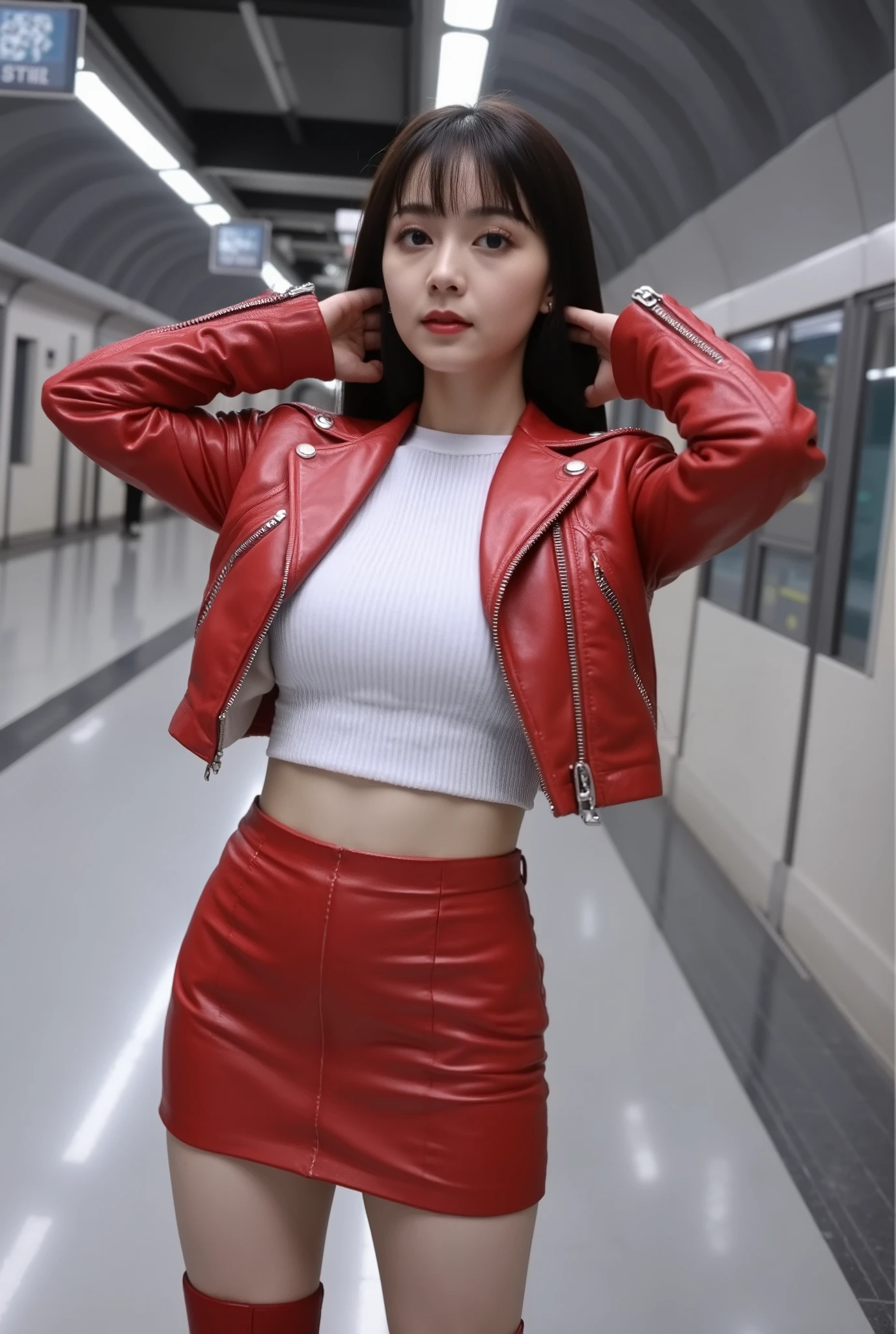high definition professional photography stylem,natural skin texture.a young East Asian woman standing in a futuristic subway station. The woman has a fair skin tone, long black hair with bangs, and a slender yet curvaceous physique. She is wearing a form-fitting, white ribbed crop top that accentuates her ample breasts and a high-waisted, red leather mini-skirt that highlights her thighs. Over her crop top, she wears a red cropped jacket with silver zippers, adding a pop of color and texture. Her outfit is completed with thigh-high red leather boots that match her skirt.
She has a confident, slightly provocative expression with her hands resting behind her head, showcasing her toned arms. Her makeup is minimal yet polished, with a focus on her eyes, which are accentuated with long, dark eyelashes and subtle eyeliner. The subway station background is modern and sleek, with grey and silver tones, large windows, and fluorescent lighting. The floor is polished and reflective, and the walls are adorned with subway maps and signs.