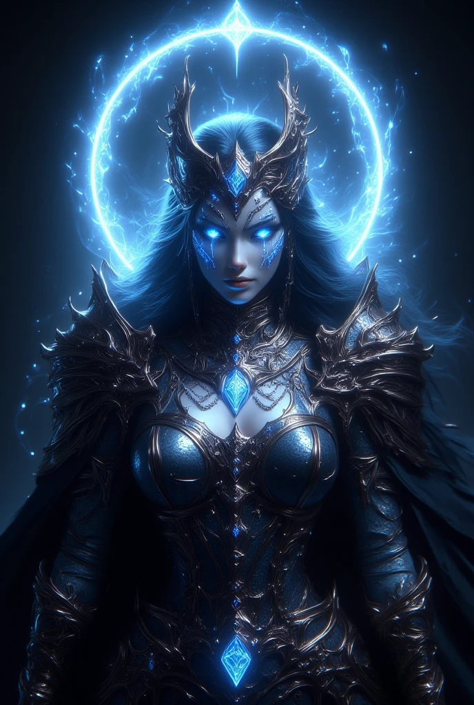 a close up of a statue of a woman with a blue body, water elemental, water demon, asian female water elemental, luminous water elemental, iridescence water elemental, serpentine water monster, beautiful biomechanical djinn, water armor, snake woman hybrid, mermaid cyborg with a laser whip,  sorceress, splashcreen character art