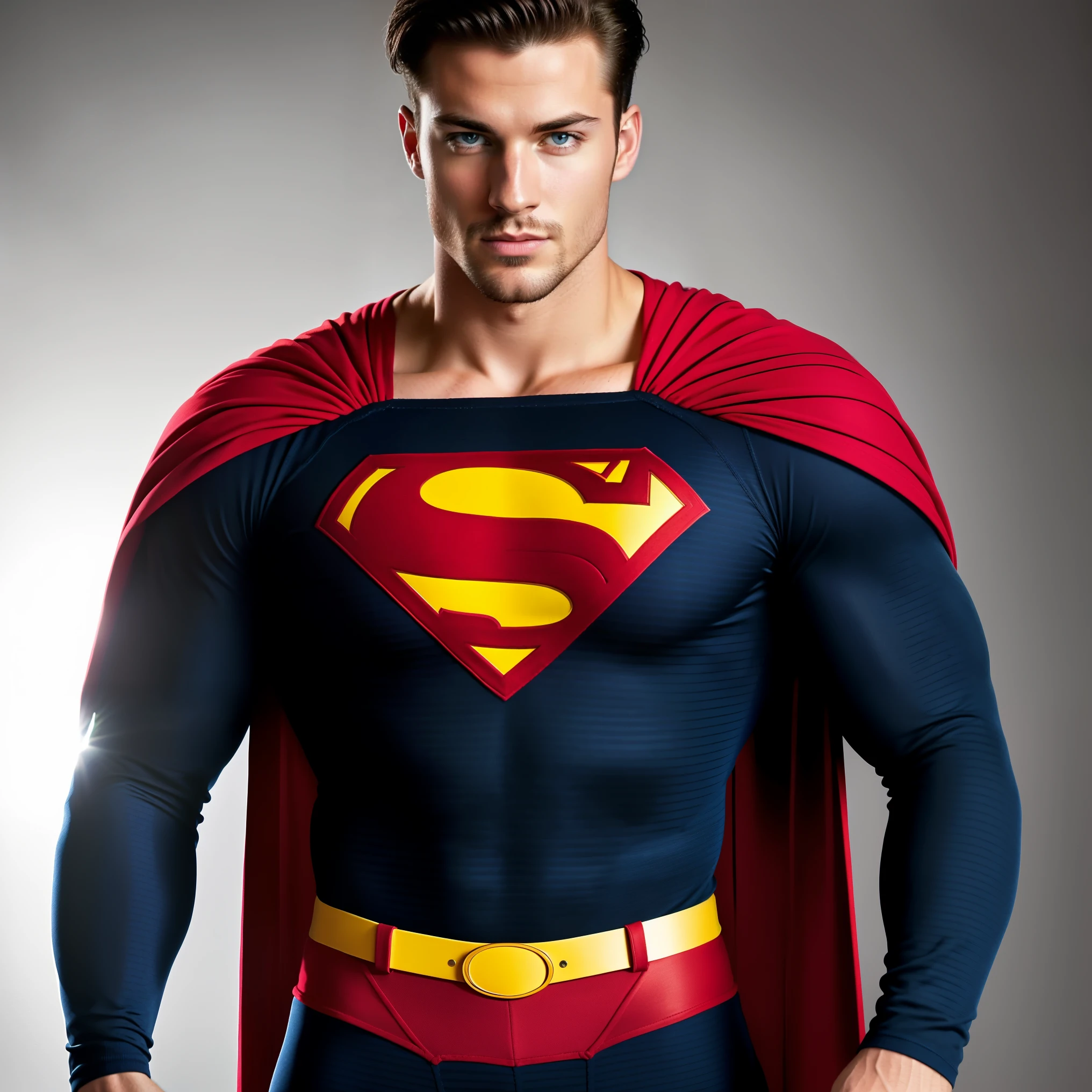 1 man, Un plan entier d'un mannequin de fitness masculin charismatique, 30 ans,little beard, Expression sexy et charmante,Gloomy eyes,blue eyes, capturé sur une falaise, dressed up as a superhero , showcasing his , with a prominent red and yellow 'S' emblem on his chest {x} The superhero costume is mostly dark blue with a textured pattern, a red coat falls behind his shoulders . The costume is tight-fitting , and he wears red boots . musculature looking specifically like Superman , golden hour lighting , moody , cinematic and moody , ( best quality,4K,8k, High resolution, masterpiece striped sweater:1.2), ultra-detailed ,( realistic,photo realistic,photo- realistic:1.37),HDR, studio lighting , professional ,couleurs vives, dramatic lighting