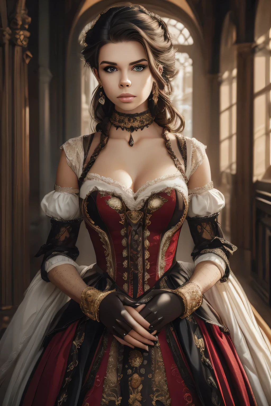 Gorgeous Haley Atwell, 25 years old, perfect brunette hair, perfect eyes, perfect hands, perfect elaborate hair, diamond choker, full body, UHD, retina, masterpiece, accurate, anatomically correct, textured skin, super detail, high details, high quality, award winning, best quality, highres, 16k, 8k.
