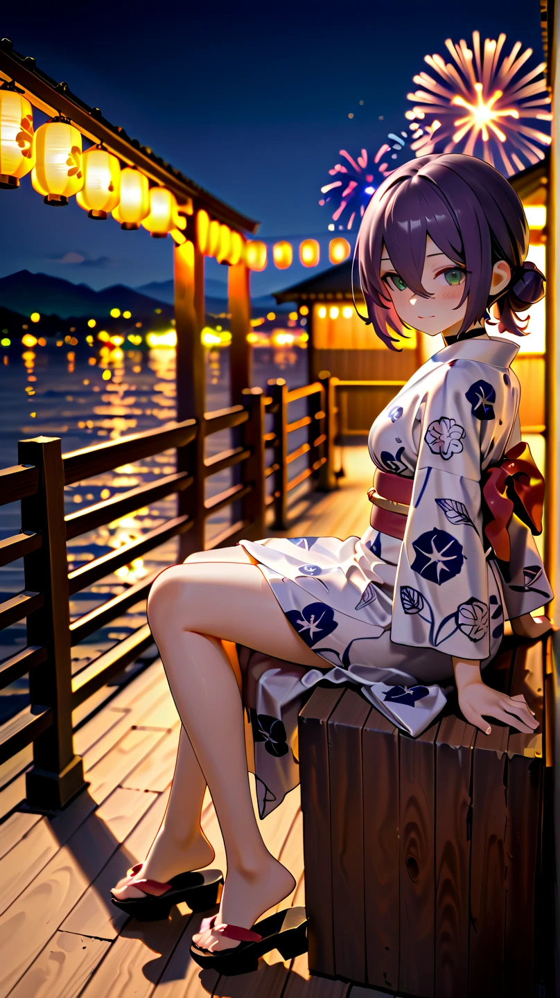 Reina Woman,8Head and Body,Japanese Clothing,night,月night,Clouds purple and blue,Sunny starry sky,Wet Skin,sexy,Clothes stick to the skin,sorrow,Charm,Mature sex appeal,Sitting on a rock,Water splash on background,Water droplets fall,The kimono is transparent,Eye color is indigo,Look Away,The eyes are sparkling with detailed expressions.,Firefly Light,Floating lantern,Scattered lights in the background,Japanese shrine in the background,night桜,Cherry blossom petals floating on the water,White lotus flower floating on the water,flower lantern