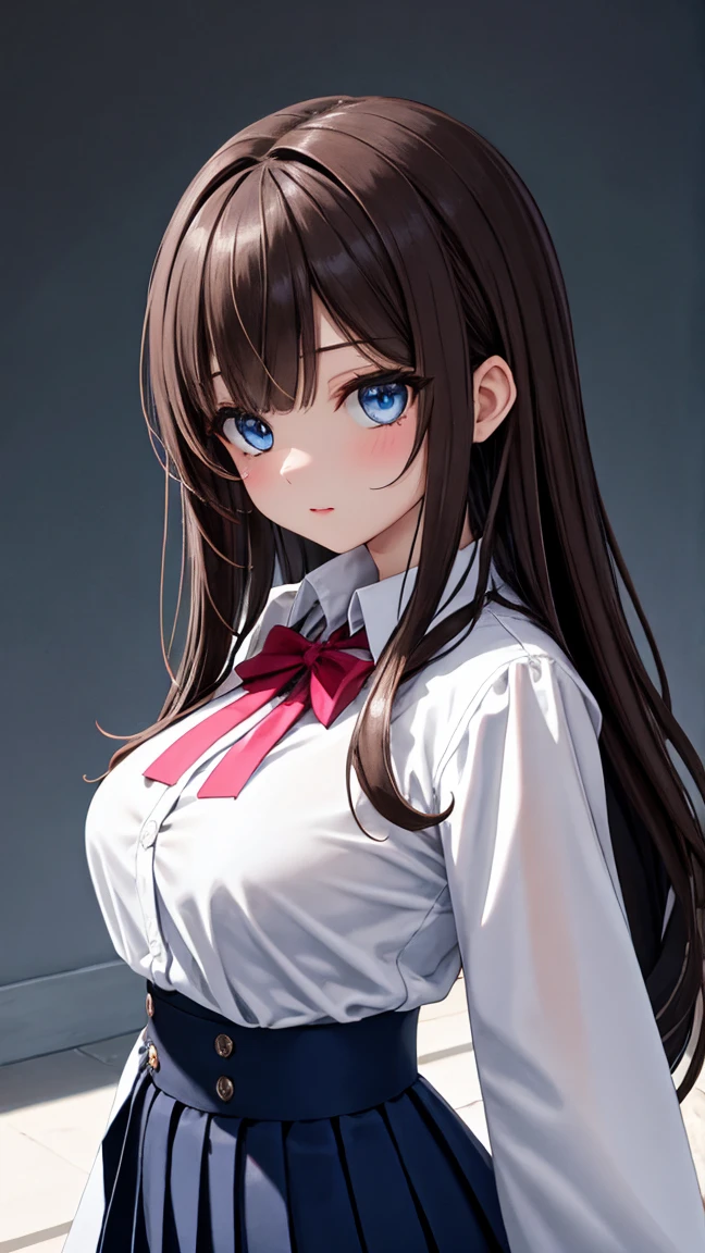 Adult, long brown hair with bangs, blue eyes, knife, yandere, bloody, vampire 