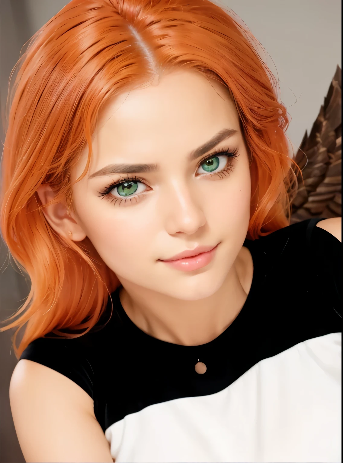 Hot girl, red hair, green eyes, black clothes, licking your own fingers