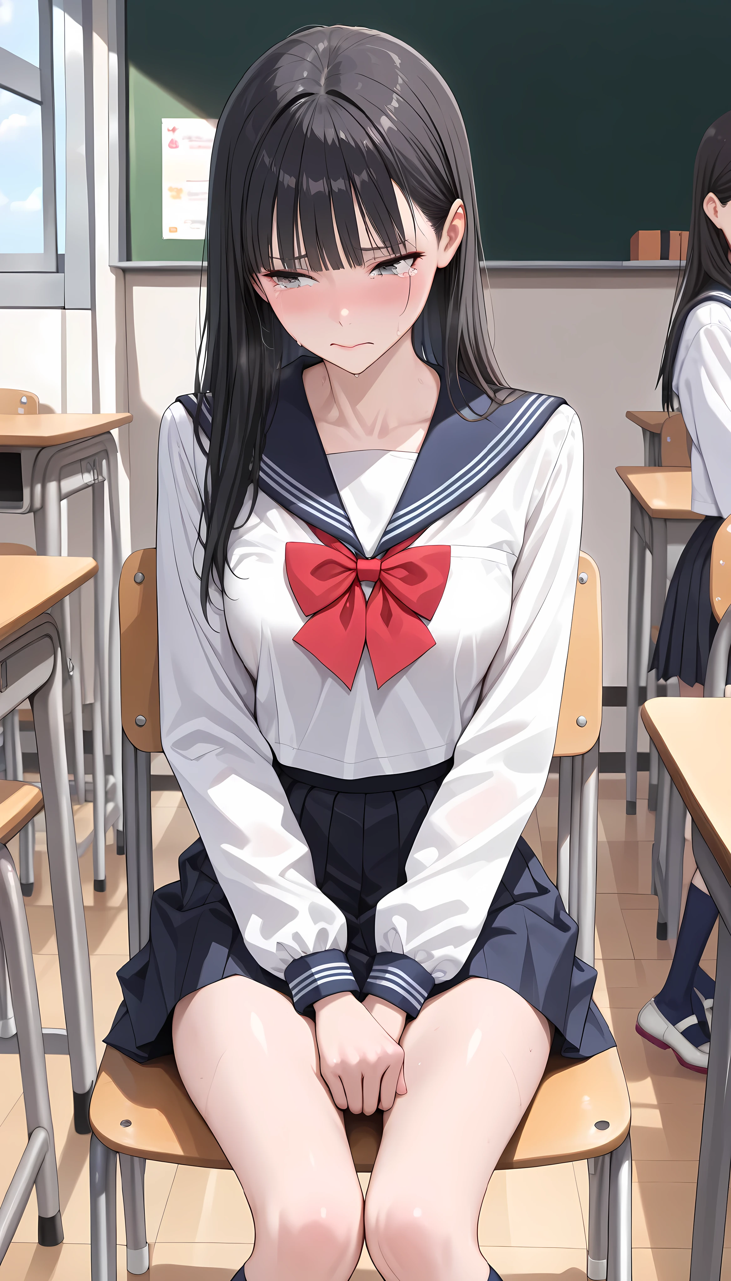 (masterpiece,best quality:1.2,amazing quality,very aesthetic,absurdres,newest,realistic),1woman,(adult:1.2),(very small head:1.2),medium breasts,(ideal ratio body proportions:1.2,slender body:1.2,skinny:1.2),long hair,black hair,blunt bangs,gray eyes,tears,embarrassed,sweat,school uniform, sailor suit, Long Sleeve,red bow,pleated miniskirt, dark blue socks,sitting, simple chair,classroom,