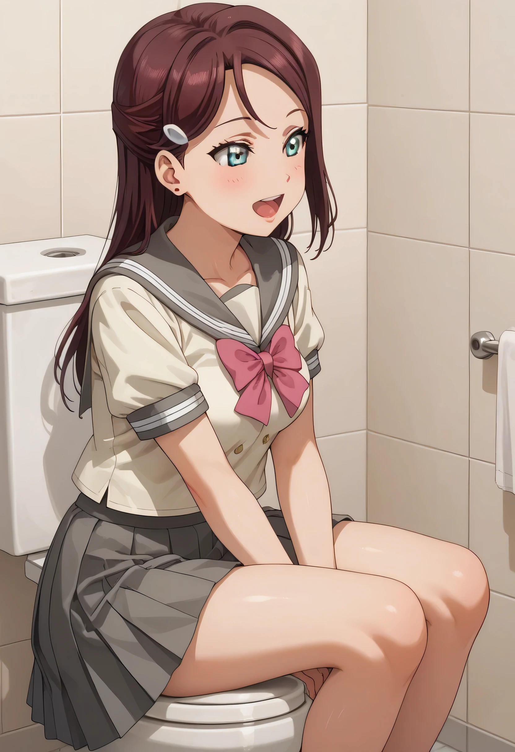 An image of Riko Sakurauchi , style with medium breasts, wearing a sailor fuku and gray skirt , Sitting on the toilet while singing happily.