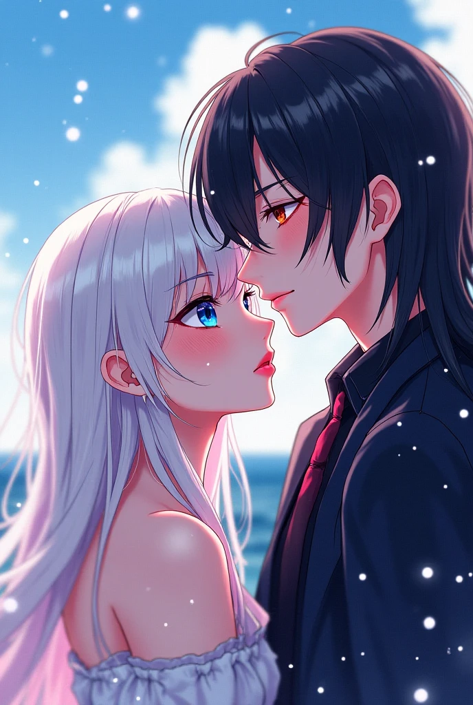 (woman with pink hair, bright light blue eyes)+(man with black hair and bright dark blue eyes)+(anime style Ilya Kuvshinov:1.2)+(Couple kisses passionately on the beach at night)+(full body image)