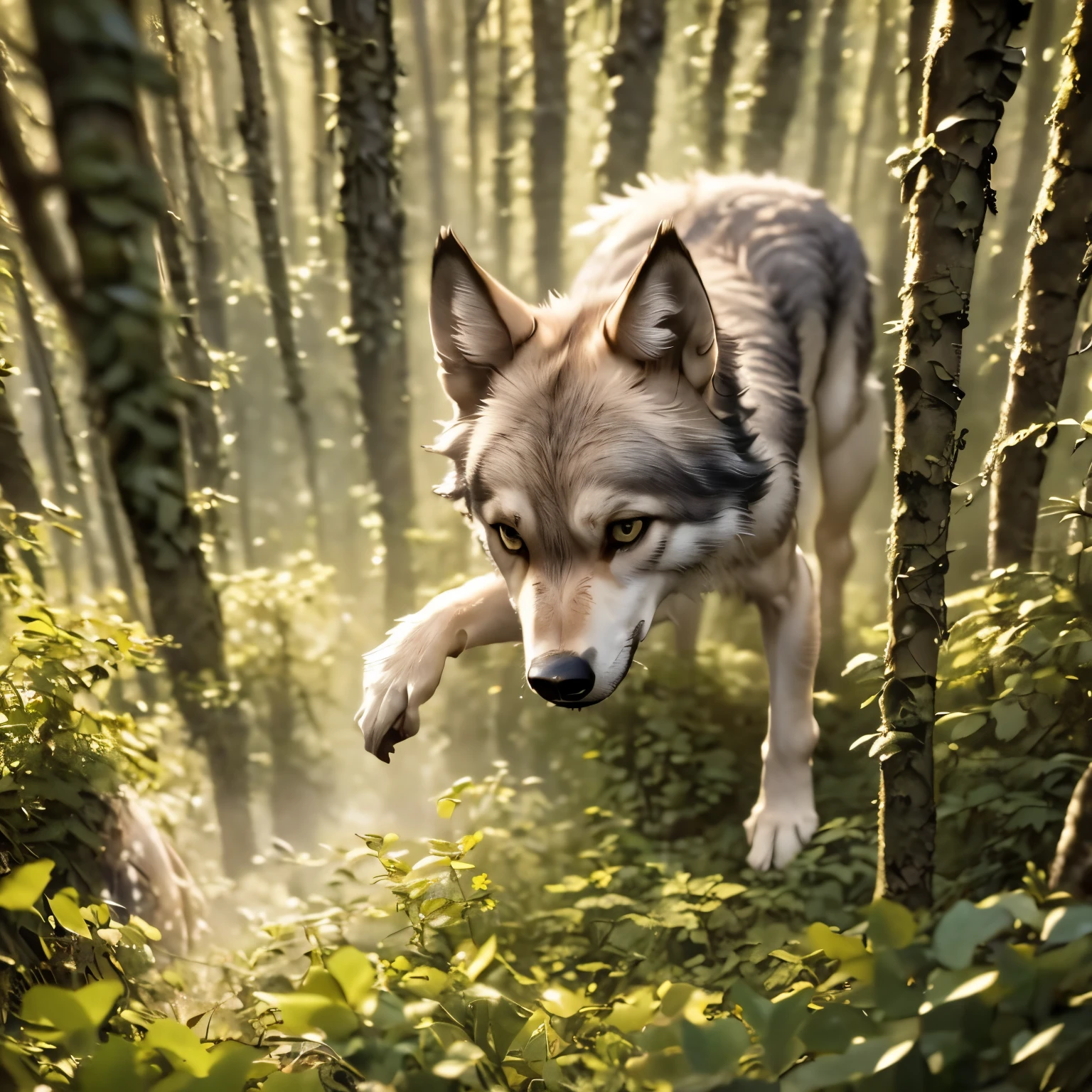 A boy, his curiosity piqued, reaches out to touch a majestic gray wolf's fur as it pads through the misty forest glade. The camera frames the tender moment from above, capturing the gentle interaction between species amidst the tranquility of towering trees and soft morning light.