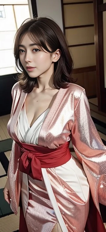 Cherry tree、Colorful kimono、open chest、I&#39;m not wearing anything inside、full body shot、NiziUAYAKA、 ４Ｋ、１people&#39;s women、slender、 Loose wavy styling 、seductive and attractive、Including face and skin texture.，detailed eyes、A soothing expression with a smile