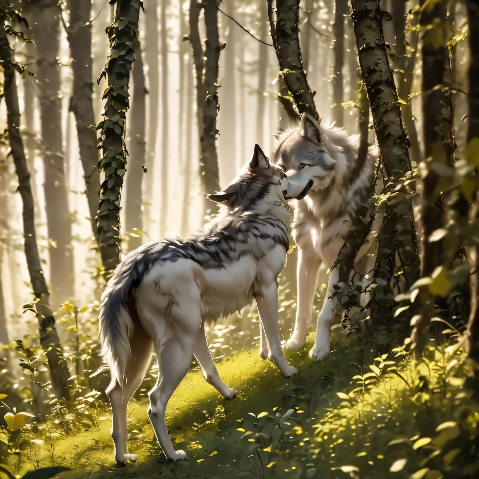 A boy, his curiosity piqued, reaches out to touch a majestic gray wolf's fur as it pads through the misty forest glade. The camera frames the tender moment from above, capturing the gentle interaction between species amidst the tranquility of towering trees and soft morning light.