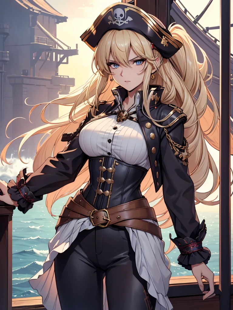 (16K,Ultra-high resolution,Highest quality:1.3,masterpiece:1.3,Super detailed,Attention to detail,Very vivid CG),Photographed from the front,female pirate:1.3,Long blonde hair,Black sailing suit,Black long boots,Medieval Age of Discovery,Big Sword,Smiling with teeth showing,Anatomically correct body,Highly detailed facial features, Beautiful and perfect face,(Very beautiful, well-groomed hair:1.3),Perfect Eyes,Best Anime,The best CG,Standing upright on a pirate ship