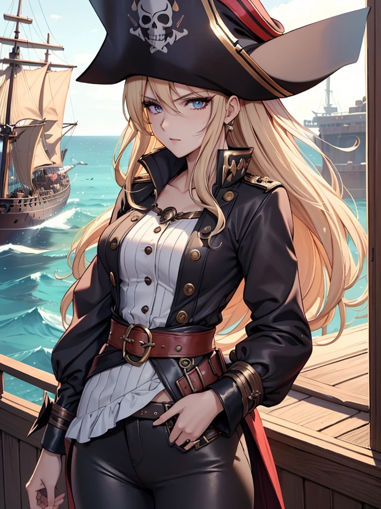 (Pirate War), Ship Explosion, night, typhoon, Android 18, highest quality, 1girl, uhd, retina, masterpiece, ccurate, anatomically correct, textured skin, super detail, high details, high quality, best quality, highres, 4K