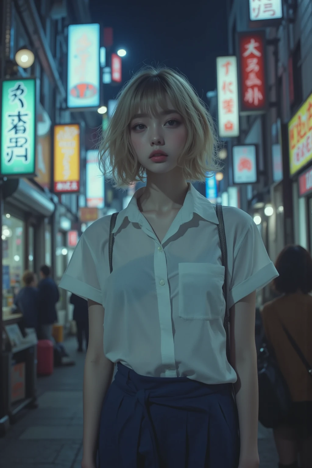 (8k, RAW photo , masterpiece:1.3), ( Nomi , photo- Nomi :1.37), ( night ), ( Viewer :1.331), ( blond hair), by , Tokyo Streets, night cityscape, cyberpunk town , soft light, 1 girl completely , very beautiful face , , put your hands down , Random hair style, something strange expression , big eyes, Lower abdomen , ( short sleeve .JK_ shirt), JK_ style, (dark blue JK_ skirt), (curtsey JK_ tie), Mix 4., Superb