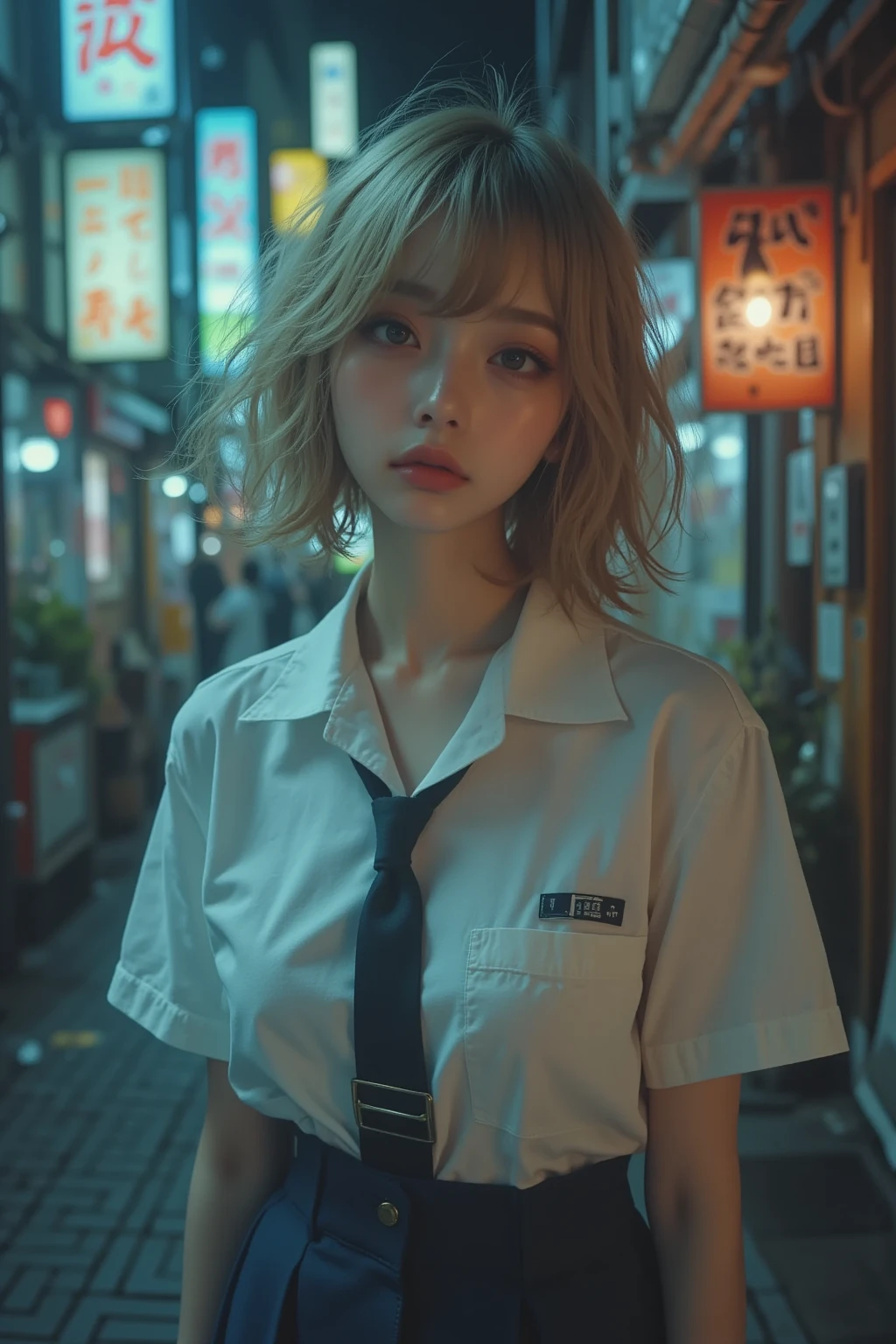 (8k, RAW photo , masterpiece:1.3), ( Nomi , photo- Nomi :1.37), ( night ), ( Viewer :1.331), ( blond hair), by , Tokyo Streets, night cityscape, cyberpunk town , soft light, 1 girl completely , very beautiful face , , put your hands down , Random hair style, something strange expression , big eyes, Lower abdomen , ( short sleeve .JK_ shirt), JK_ style, (dark blue JK_ skirt), (curtsey JK_ tie), Mix 4., Superb
