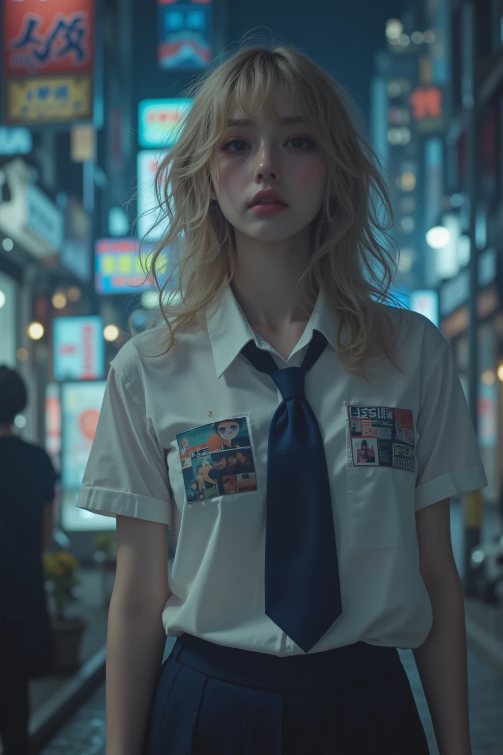 (8k, RAW photo , masterpiece:1.3), ( Nomi , photo- Nomi :1.37), ( night ), ( Viewer :1.331), ( blond hair), by , Tokyo Streets, night cityscape, cyberpunk town , soft light, 1 girl completely , very beautiful face , , put your hands down , Random hair style, something strange expression , big eyes, Lower abdomen , ( short sleeve .JK_ shirt), JK_ style, (dark blue JK_ skirt), (curtsey JK_ tie), Mix 4., Superb