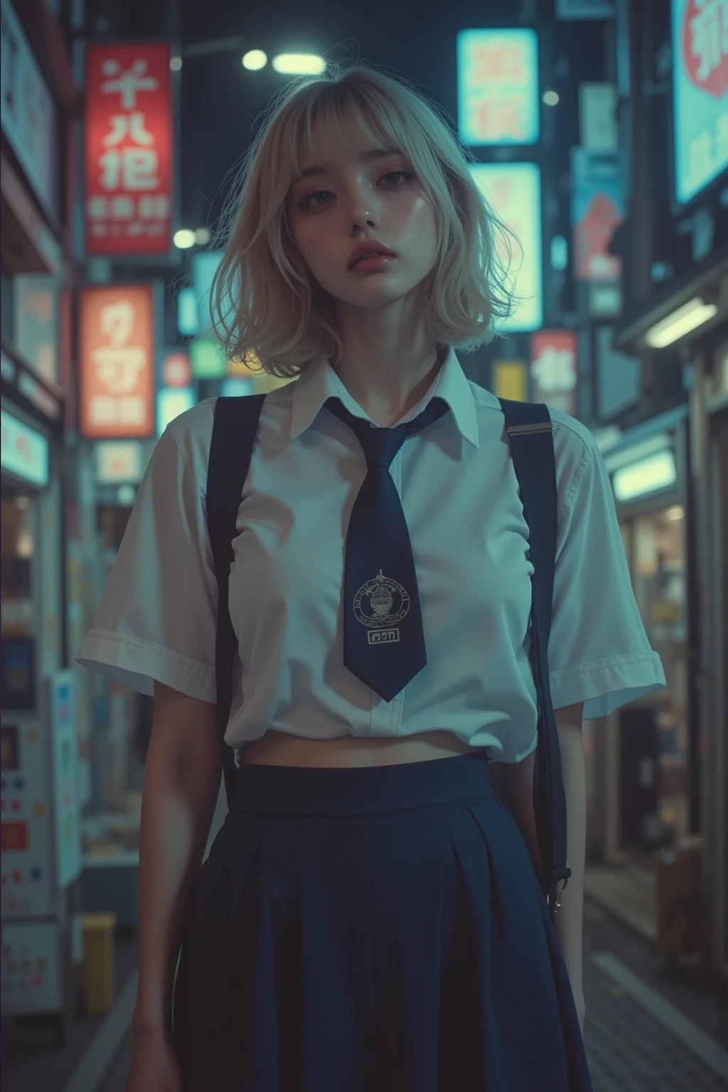 (8k, RAW photo , masterpiece:1.3), ( Nomi , photo- Nomi :1.37), ( night ), ( Viewer :1.331), ( blond hair), by , Tokyo Streets, night cityscape, cyberpunk town , soft light, 1 girl completely , very beautiful face , , put your hands down , Random hair style, something strange expression , big eyes, Lower abdomen , ( short sleeve .JK_ shirt), JK_ style, (dark blue JK_ skirt), (curtsey JK_ tie), Mix 4., Superb
