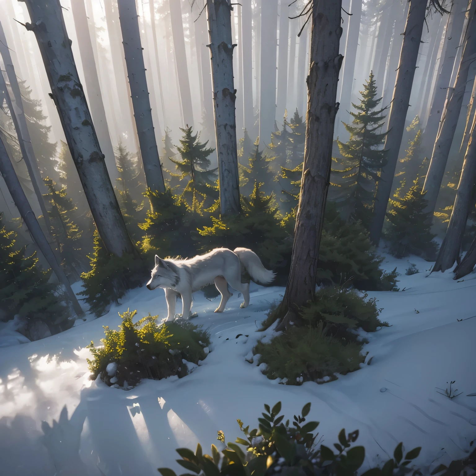 A boy, his curiosity piqued, reaches out to touch a majestic gray wolf's fur as it pads through the misty forest glade. The camera frames the tender moment from above, capturing the gentle interaction between species amidst the tranquility of towering trees and soft morning light.
