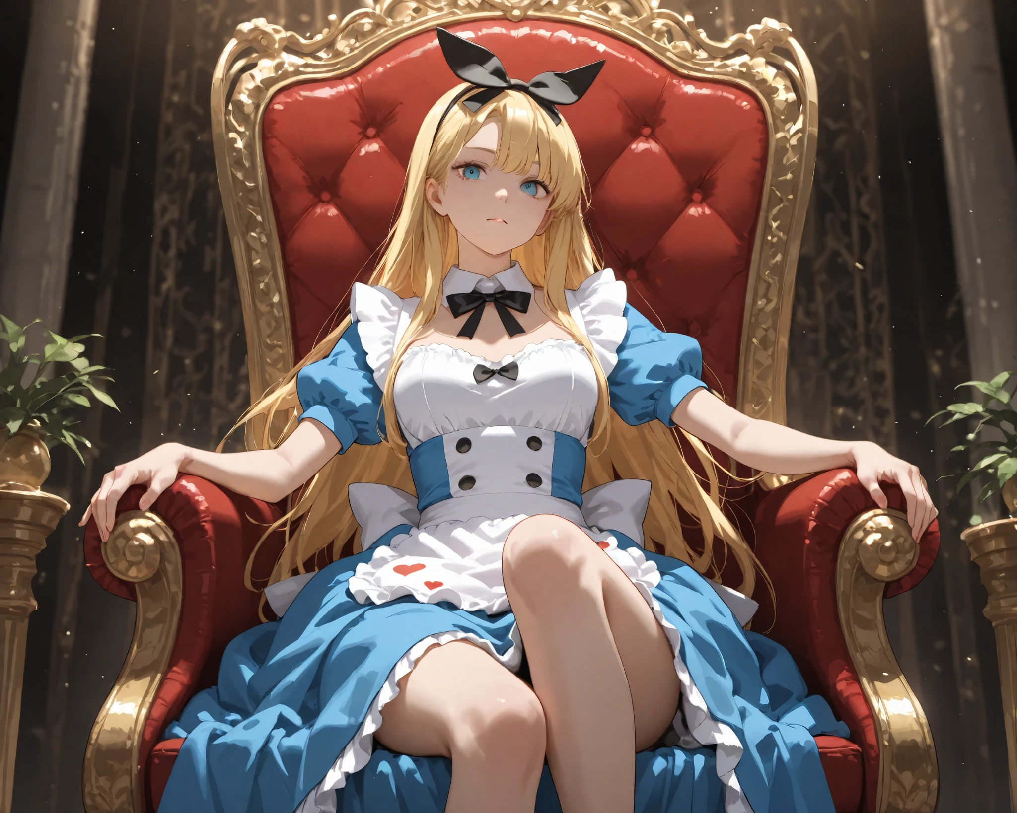 alice becomes the queen of wonderland. sitting on a throne. down pov. she's wearing a simple crown. have a bunny on her lap. and keep the intimidating stare on the image