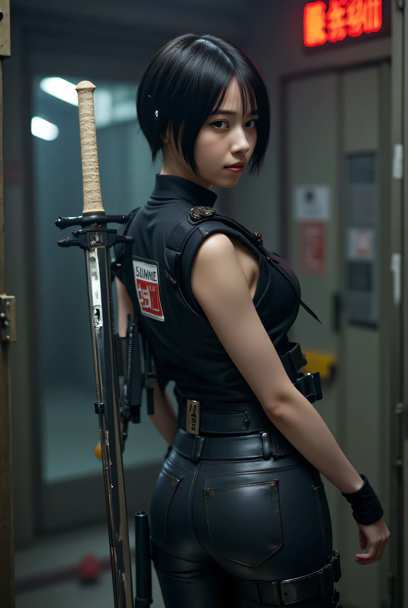 (((The dark interior of the Nostromo ship :2.0))),((( HR Gigger Style Cyberpunk Atmosphere :2.0))),(((Hold a cyberpunk-style Japanese sword:2.0))),Side view from the back ,Side pose,(( Look Back and Look at the Camera:2.0)),(( looking back over my shoulder :2.0)),Rear View,((whole body:2.0)), one woman,( cute face),(Beautiful well-balanced face ),(( natural big breasted :2.0)),( black hair:1.5),( beautiful eyes:1.3), glamorous shot of a 20 year old Japanese woman , Slender Beautiful Body ,(( model body type:2.0)),(( slim body with hot water:1.7)), perfect body line , ideal proportions ,(( big breasts:2.0)),Bare thighs, sensual thighs, delicate body,( Muscular:1.5),A harmonious posture,((Beautiful ass:2.0)),((cute ass:2.0)), carefully depict limbs based on perfect anatomy,((Futuristic ninja-style black military vest :2.0)),((Perfect Naked:1.5)),(((I can't wear panties:2.0))),(((( lower body nude:1.5))),(( wear a ninja style military vest over a naked body:1.9)),(ear monitor:1.5),((Tactical Holster:1.5)),( gloves:1.3), concept art,( top quality:1.5),( Masterpiece:1.5),(超高resolution),resolution,UHD,( delicate depiction), carefully drawn with butterfly wings ,32K,(( realistic skin texture:1.5)),((( Super realistic :1.5))), eyelashes, very detailed faces ,Highly detailed female hand,Very sensual,(Blurry Dim Backgrounds :1.5), professional photography,( Movie Lighting:2.0),(( Blade Runner Style Lights :2.0))