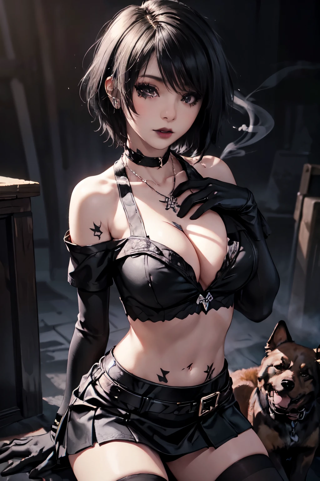 muste piece,highest quality,ultra high resolution,(one woman:1.5),(25 years old:1.2),stupid solution, Super detailed,(photorealistic:1.4,),(dark theme:1.6),(Cat ear:1.4),(in the forest at night:1.4),(Double teeth like dog fangs:1.5),(animal hand:1.4),(Clothes with fully open zippers:1.5),(big devil's horn:1.6),(big heart earrings:1.4),(wear many ornaments:1.4),(big breasts:1.4),(devil:1.5),(short hair:1.4)