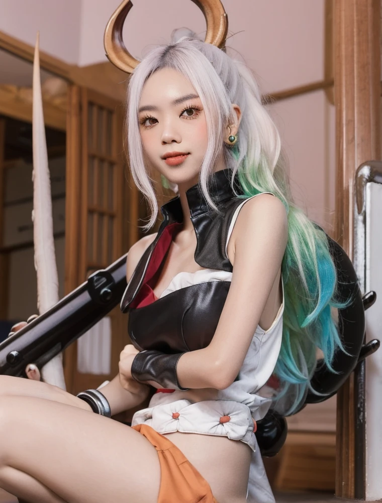 (((woman))), (((best qualityer))), (((tmasterpiece))), (((AS-Adult))), ((( Japanese ))), Look up from your knees, A beautiful asian samurai woman with perfect body, Modern samurai, ((( Asian))), Wear gloves on your hands,The left arm is made of steel and metal tips,Made of protective devices, The eyes are pulled, (( Appears below the breast )), (( Small dental floss )), Simon Bisley, Almost naked(Simon Bisley)Castle City Wilderness,For high-resolution posters, hair straight, Minimum clothing, armure (Crazy clothes ), Full of tips and rivets, tribal tattoos, (((full bodyesbian))), Straight brunette hair,Colored hair ends