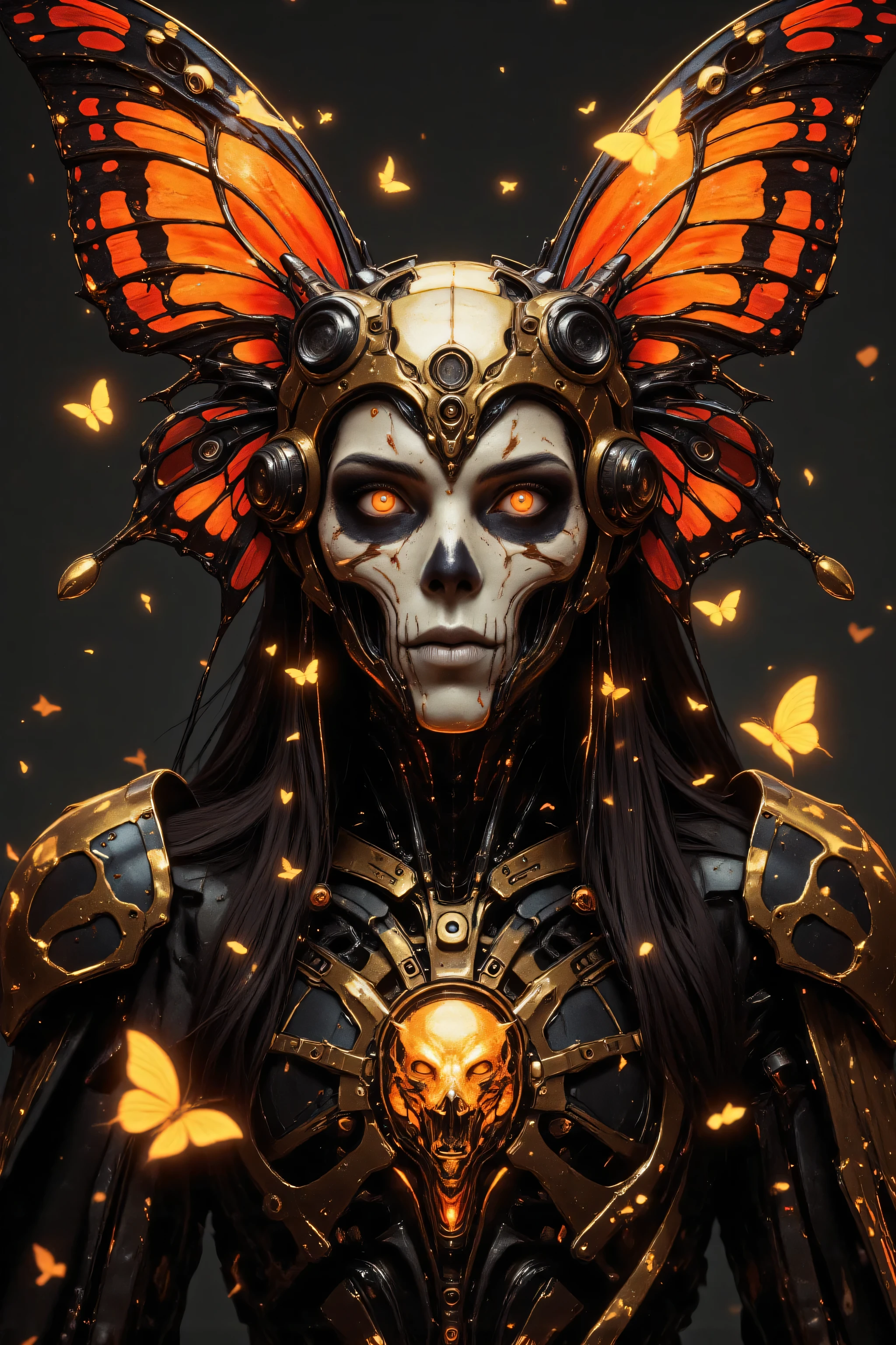 This is a highly detailed, hyper-realistic CGI artwork depicting an otherworldly, futuristic figure. The subject is a skeletal woman with a human skull for a head, adorned with intricate, ornate accessories. Her face is a hollow, white skull with glowing, amber eyes that give an eerie, lifelike appearance. Her skin is painted with a fine, intricate pattern of gold and black lines, adding to the mechanical aesthetic.
She wears a helmet-like headpiece that features a stylized, ornate design with a central skull motif, flanked by large, intricate wings of a butterfly, colored in a gradient from deep orange to a fiery red. These wings are adorned with intricate, glowing details, enhancing the fantastical, otherworldly feel of the image. Her hair is long and dark, cascading down her shoulders, blending seamlessly with the ornate headpiece.
The figure's body is covered in a sleek, black and gold armor with a futuristic, mechanical appearance. The armor features intricate, glowing circuits and a chest piece adorned with a glowing, golden lion's head. Small, glowing butterflies are scattered around her, adding to the surreal atmosphere., vantablack