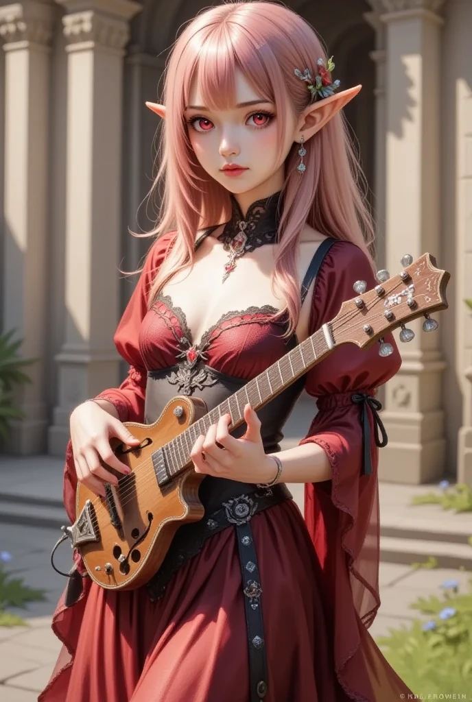 young girl with red hair and green eyes playing the lute