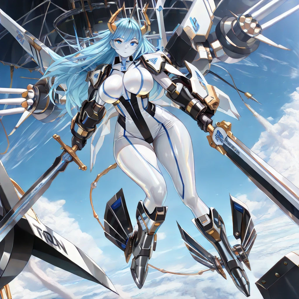 Anime, 1 mature woman, solo, milf, mecha musume, lynen colored hair, Long massive hair, navy-blue eyes, large breasts, firm curvy body, mecha armor, mechanical gear, mechanical wings, detailed, cyberweapon, Serious, expressive eyes, sparking shocking