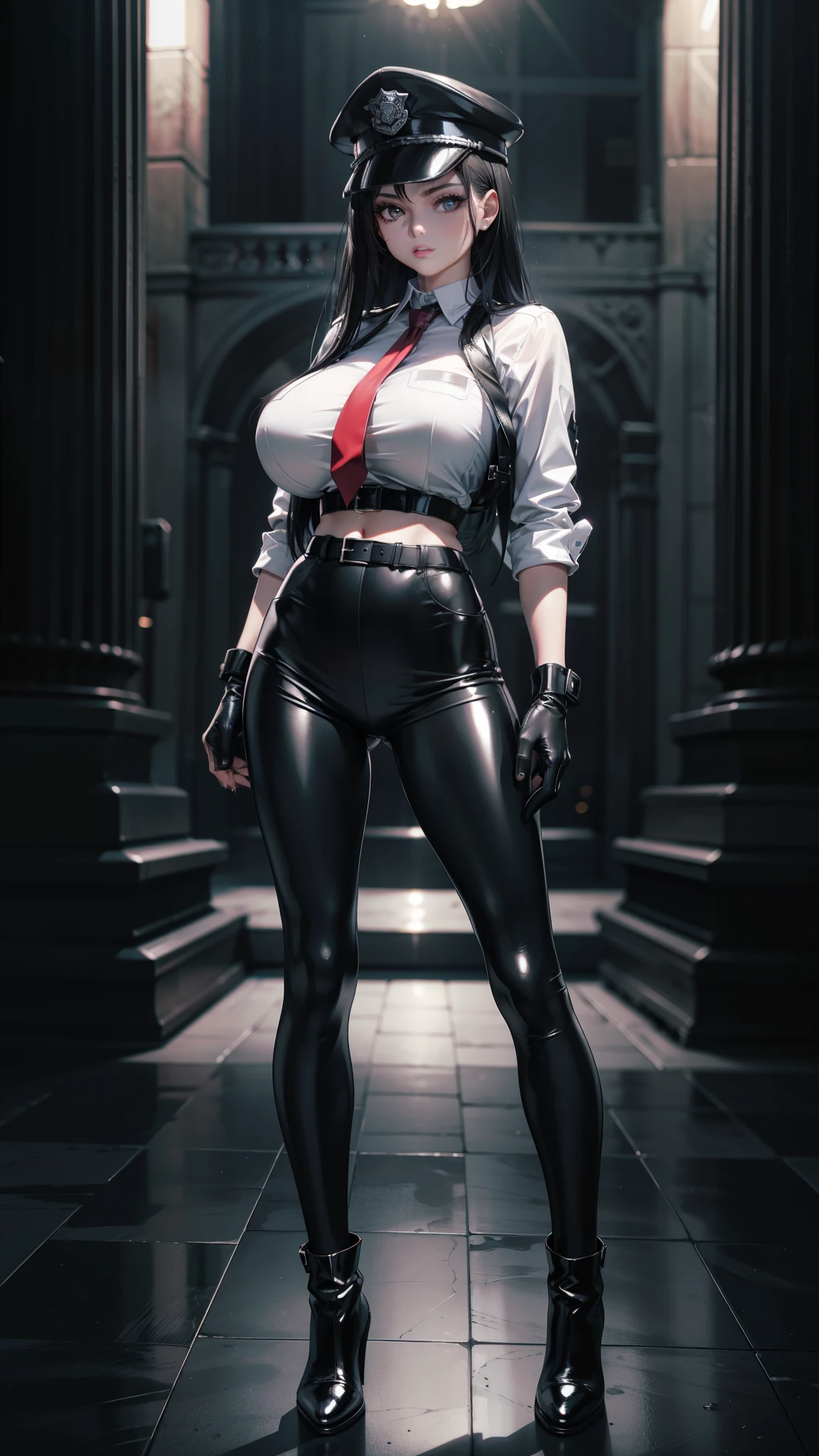 beautiful black woman wearing a leather jacket and leather pants, adventurer thief, full body shot, black skin, high heels, boots, black hair, high cheekbones, ((fantasy rouge)), tavern background, 1girl, short hair