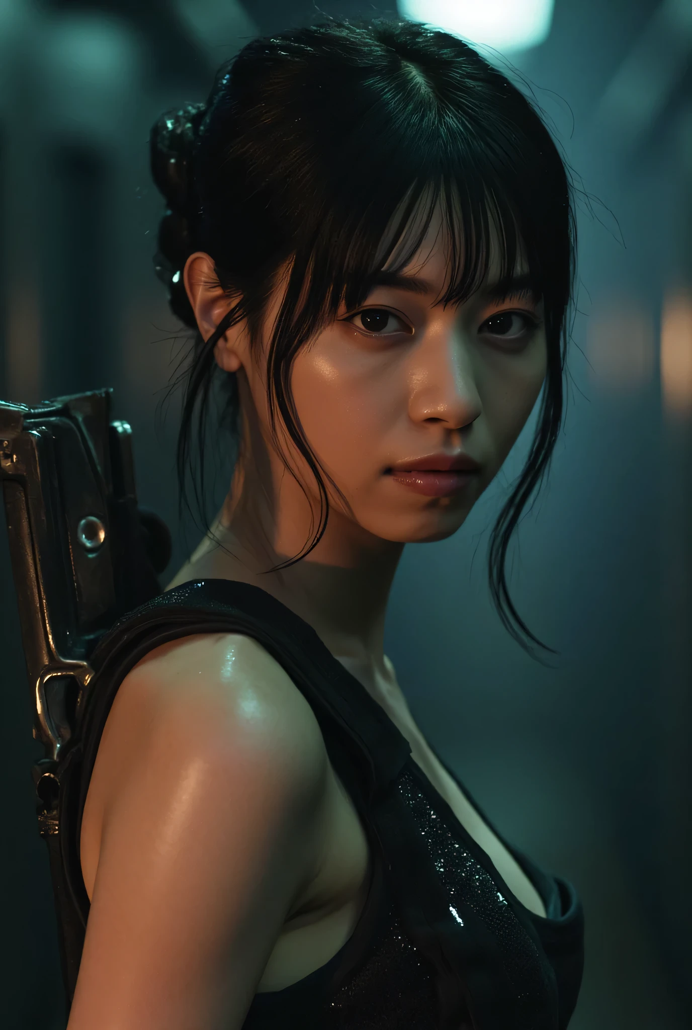 (((The dark interior of the Nostromo ship :2.0))),((( HR Gigger Style Cyberpunk Atmosphere :2.0))),(((Hold a cyberpunk-style Japanese sword:2.0))),Side view from the back ,Side pose,(( Look Back and Look at the Camera:2.0)),(( looking back over my shoulder :2.0)),Rear View,((whole body:2.0)), one woman,( cute face),(Beautiful well-balanced face ),(( natural big breasted :2.0)),( black hair:1.5),( beautiful eyes:1.3), glamorous shot of a 20 year old Japanese woman , Slender Beautiful Body ,(( model body type:2.0)),(( slim body with hot water:1.7)), perfect body line , ideal proportions ,(( big breasts:2.0)),Bare thighs, sensual thighs, delicate body,( Muscular:1.5),A harmonious posture,((Beautiful ass:2.0)),((cute ass:2.0)), carefully depict limbs based on perfect anatomy,((Futuristic ninja-style black military vest :2.0)),((Perfect Naked:1.5)),(((I can't wear panties:2.0))),(((( lower body nude:1.5))),(( wear a ninja style military vest over a naked body:1.9)),(ear monitor:1.5),((Tactical Holster:1.5)),( gloves:1.3), concept art,( top quality:1.5),( Masterpiece:1.5),(超高resolution),resolution,UHD,( delicate depiction), carefully drawn with butterfly wings ,32K,(( realistic skin texture:1.5)),((( Super realistic :1.5))), eyelashes, very detailed faces ,Highly detailed female hand,Very sensual,(Blurry Dim Backgrounds :1.5), professional photography,( Movie Lighting:2.0),(( Blade Runner Style Lights :2.0))