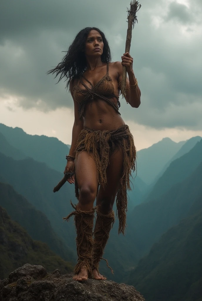 Masterpiece, Amazon woman, wearing a tan loincloth, tan cloth bra, dark skin, long hair, holding a primitive axe, crouching down on one knee, view from behind, on rocky terrain,  