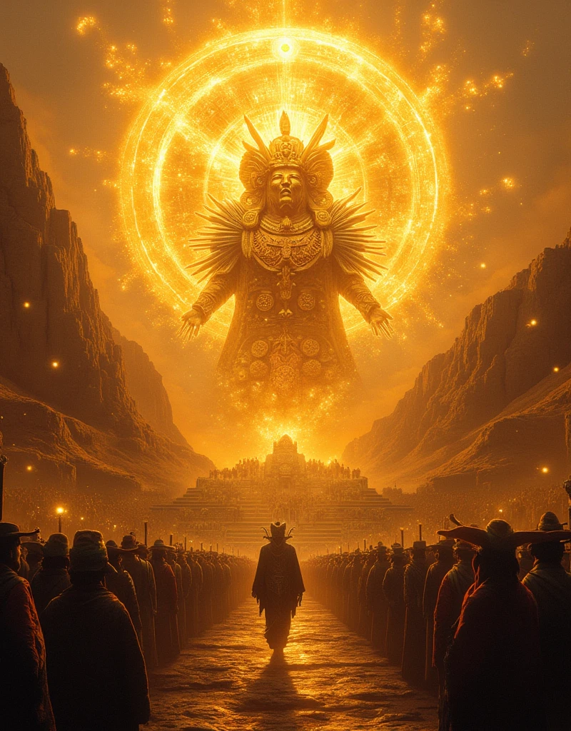 Create a legendary image similar to a Thai giant with a full face, black skin, ancient pattern. Gold-colored jewelry with two large hands holding a large yellow moon in a semi-circular mouth. The air is filled with swirling clouds. Dynamic light sources in the background. Take wide-angle photos Unlimited details, Realistic 64K UHD with cinematic lighting