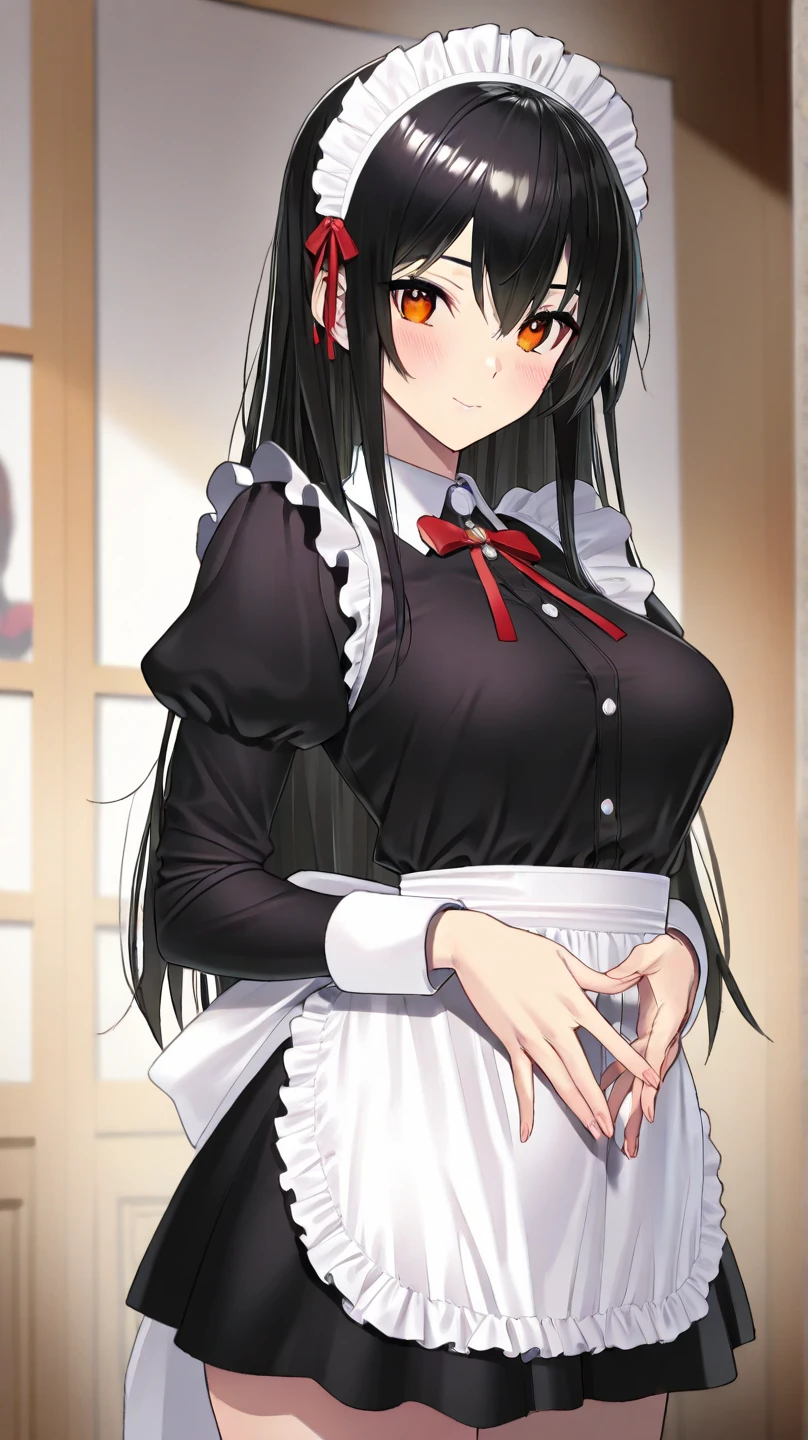a foxgirl with dark hair wearing strict white maid uniform in office room, anime-styled