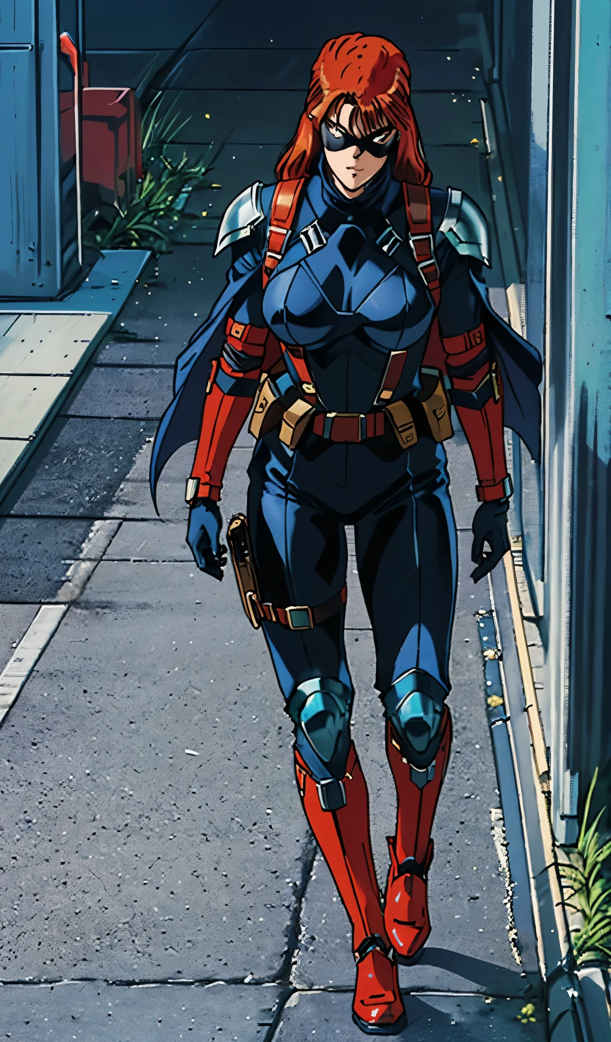 Young woman with large breast drawn in 80’s anime art style.
Retro anime. Vintage Anime. Classical Anime.
This Superhero outfit is a highly recognizable and iconic superhero suit, primarily red and black, designed for both style and functionality. Here’s a detailed breakdown of its elements:
1. Full-Body Suit – The suit is a tight-fitting, red and black tactical bodysuit made of durable, reinforced fabric, likely a mix of leather and synthetic materials, designed to provide protection while allowing maximum flexibility.
2. Mask – Superhero’s mask is red with black patches around the eyes, which enhance the character’s expressive look. The eye areas are white, giving her a cartoonish but menacing aesthetic.
3. Black Shoulder and Arm Guards – The suit features black armored sections on the shoulders and arms, possibly made of a sturdy material for additional combat protection.
4. Harness and Utility Straps – A brown leather-like harness with cross-body straps is present, used to hold weapons.
5. Utility Belt – The belt is brown with multiple pouches for ammunition and gadgets. The buckle prominently features a clock as a logo—design.
6. Gloves and Forearm Guards – She wears black gloves that extend to her forearms, with reinforced padding for combat and grip.
7. Leg Armor and Tactical Boots – Her lower body is similarly armored, with reinforced padding around the knees and heavy-duty black tactical boots built for combat durability.
This outfit not only provides protection but also enhances the Superhero’s combat capabilities, making them an effective and stylish anti-hero.