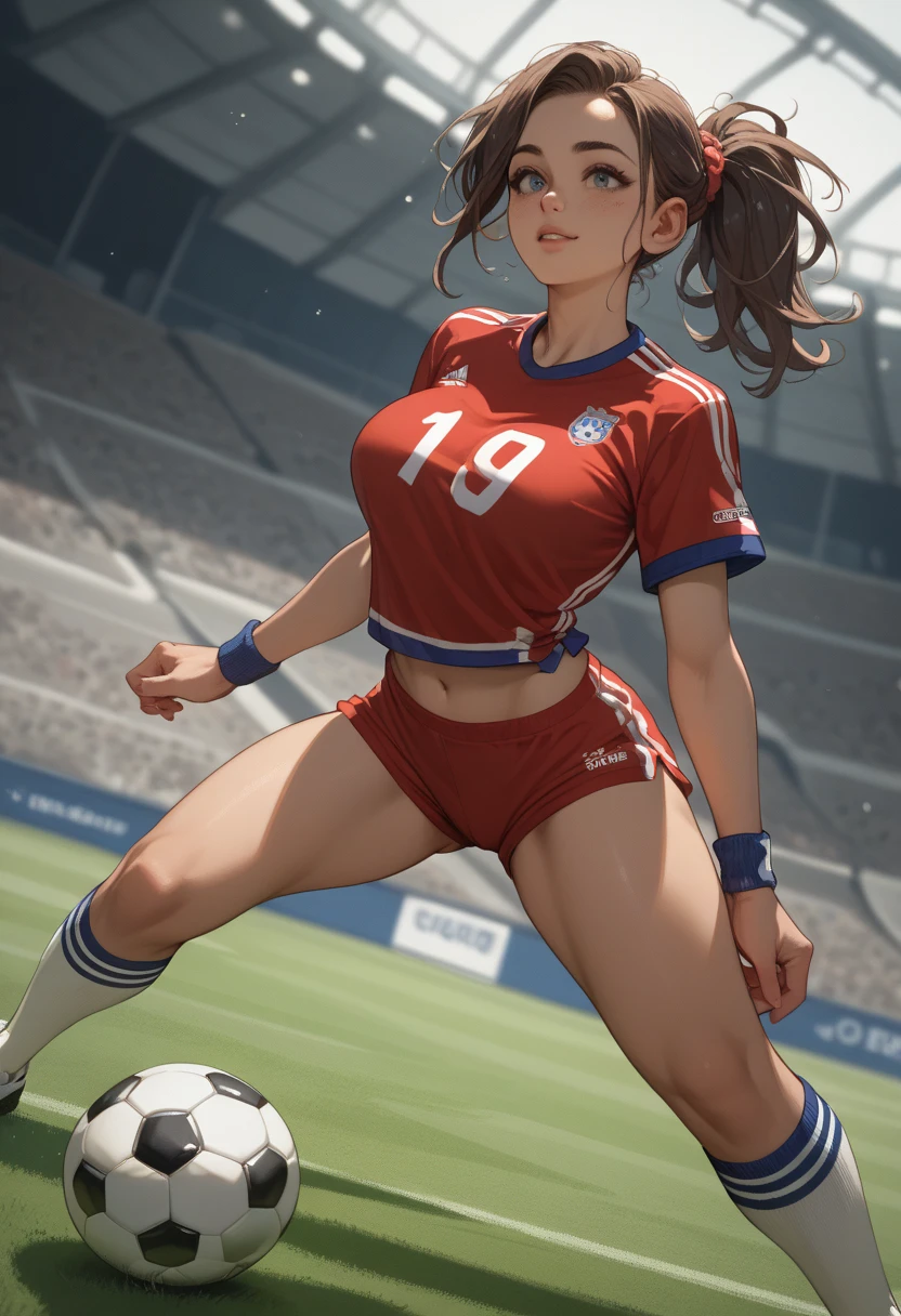 aroused female soccer referee, night game, eyes closed, feeling pain