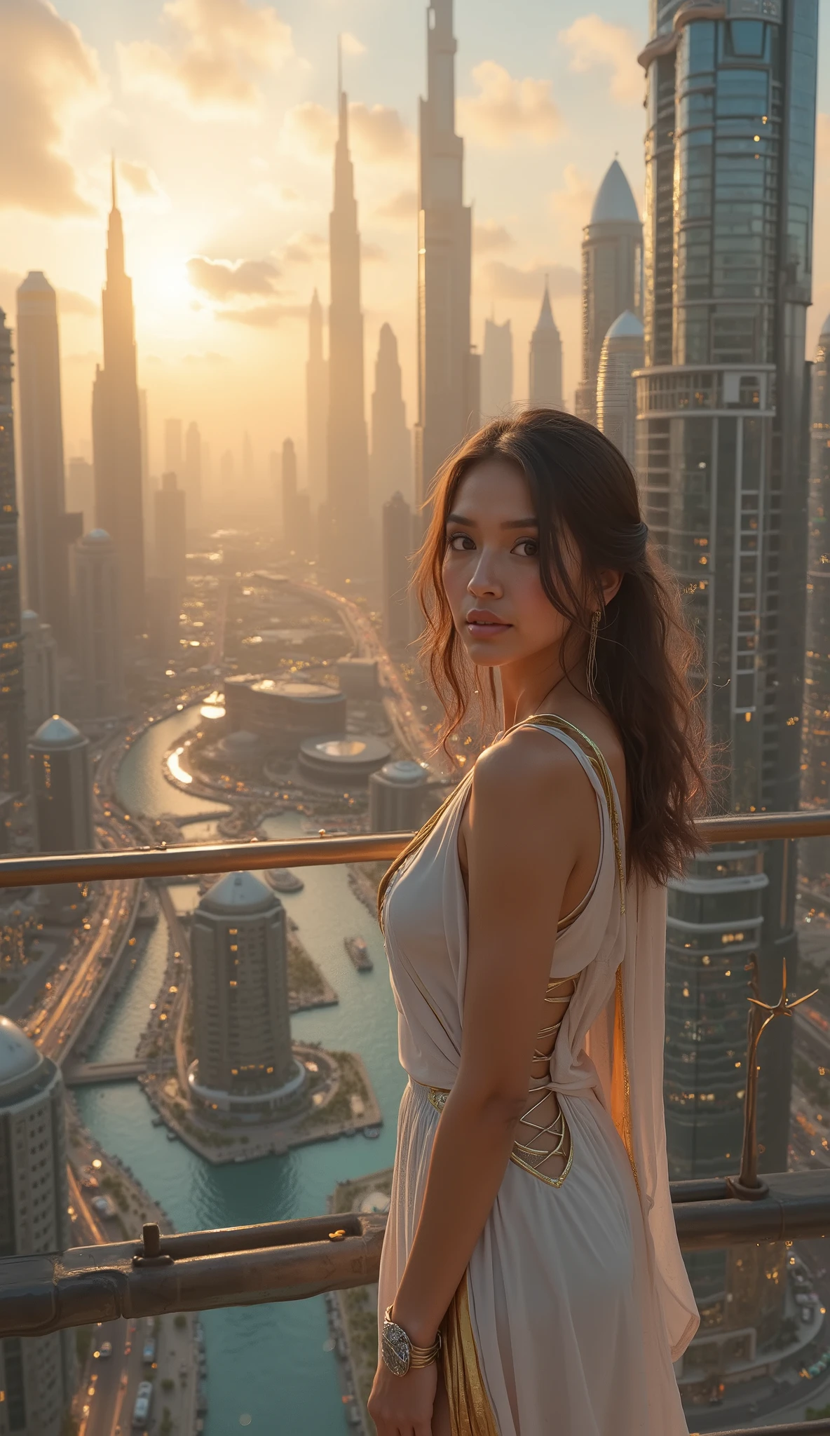 (masterpiece, ultra-detailed, cinematic, futuristic Dubai, year 2100, full-body shot, high resolution,
A confident female influencer from 2025, 23 to 28 years old,
bright expressive eyes, long wavy dark brown hair,
((wearing a sleek, high-tech dress with golden trims, modest yet elegant, futuristic fabric flowing in the wind)),
standing on a futuristic sky bridge with floating islands suspended in the air,
((Dubai skyline transformed with hovering structures, flying taxi pods weaving through glass towers covered in vertical gardens)),
((bioluminescent rivers flowing through the city, neon-lit smart highways suspended in the air)),
futuristic energy domes generating solar power,
golden sunset reflecting on the self-illuminating skyscrapers, she watches in awe.)