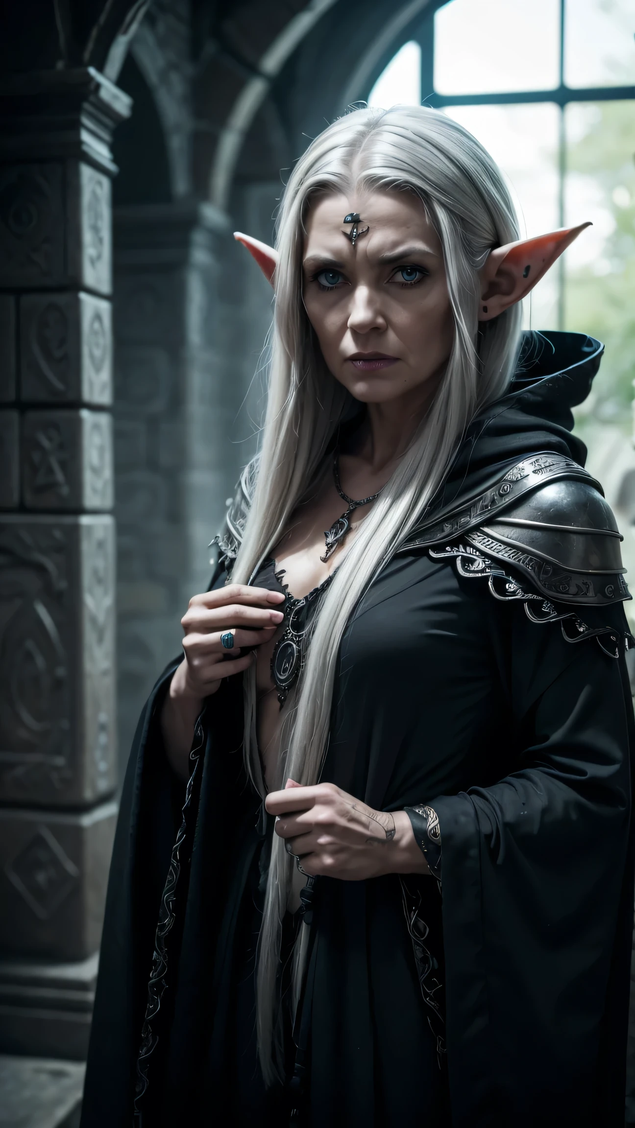 dnd style sorceress with powers of dream catching, Tiefling, red skin, amber colored eyes, brown horns and white hair fully clothed in a classic medieval outfit and robe