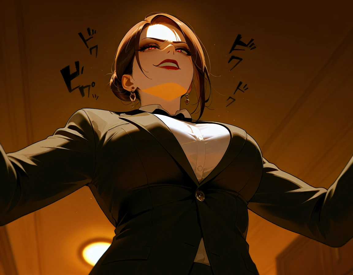 Yakuza female, white, black hair slicked back, large breasts, dressed in a full set of white suit and shirt, in fighting stance,Red light district city background