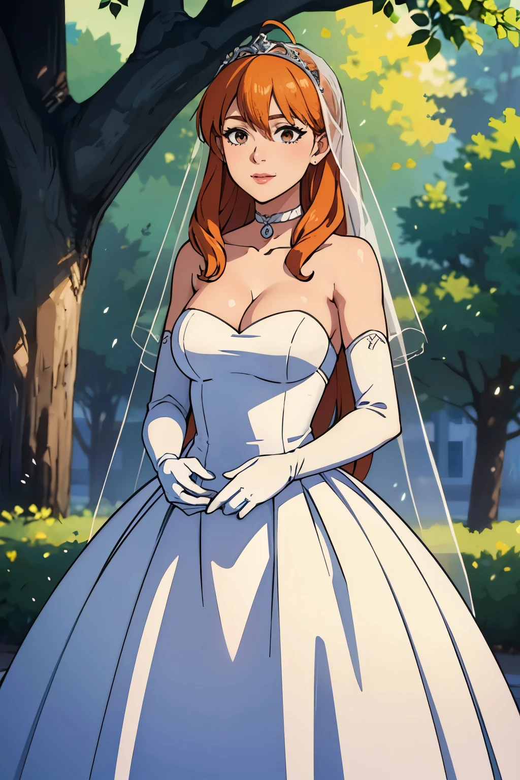 celica fe, hair between eyes, ahoge, orange hair, star \(symbol\), hair ornament, dress, cleavage, bare shoulders, collarbone, long white elbow gloves, white gloves, white ruffled dress, white choker, strapless, tiara, veil, strapless dress, wedding dress, bridal veil, beautiful woman, perfect body, perfect breasts, wearing a wedding dress, ball gown, in the park trees, wedding decorations, a warm smile, realism, masterpiece, textured skin, super detail, high detail, high quality, best quality, 1080p, 16k