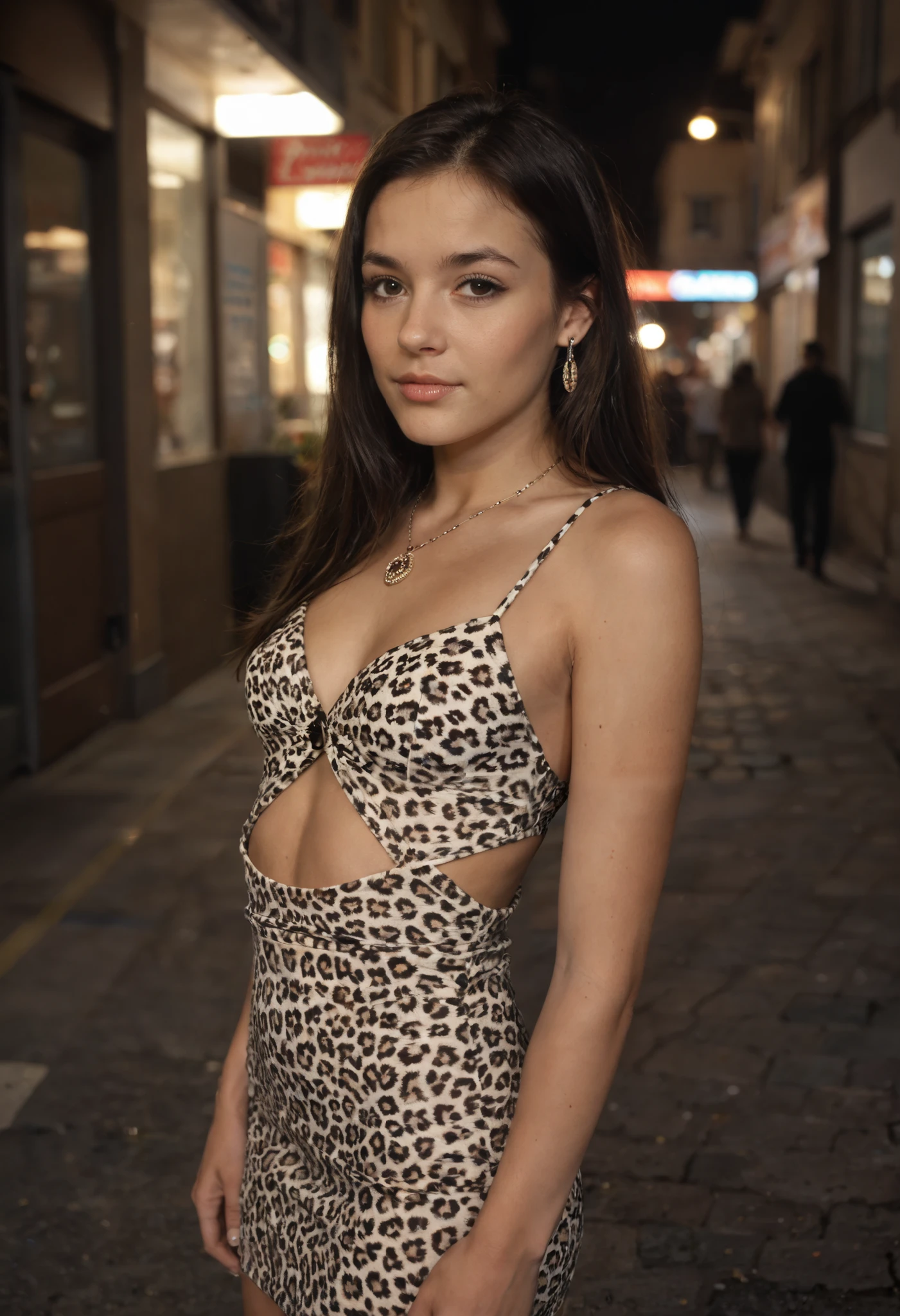 cute 29yo young turkish woman, seductive, lustfull, beautiful, sexy, cute, from side, short size, small size, solo, long hair, black hair, slender body, young face, slim, petite, brown eyes, sweet girl, petite body, sexy attire, white short dress with leopard pattern, sleevless dress, bare shoulders, light abs, pale skin color, night, street, medium size breasts,, braceled, necklaces,, shy, worried, mini-circle earrings