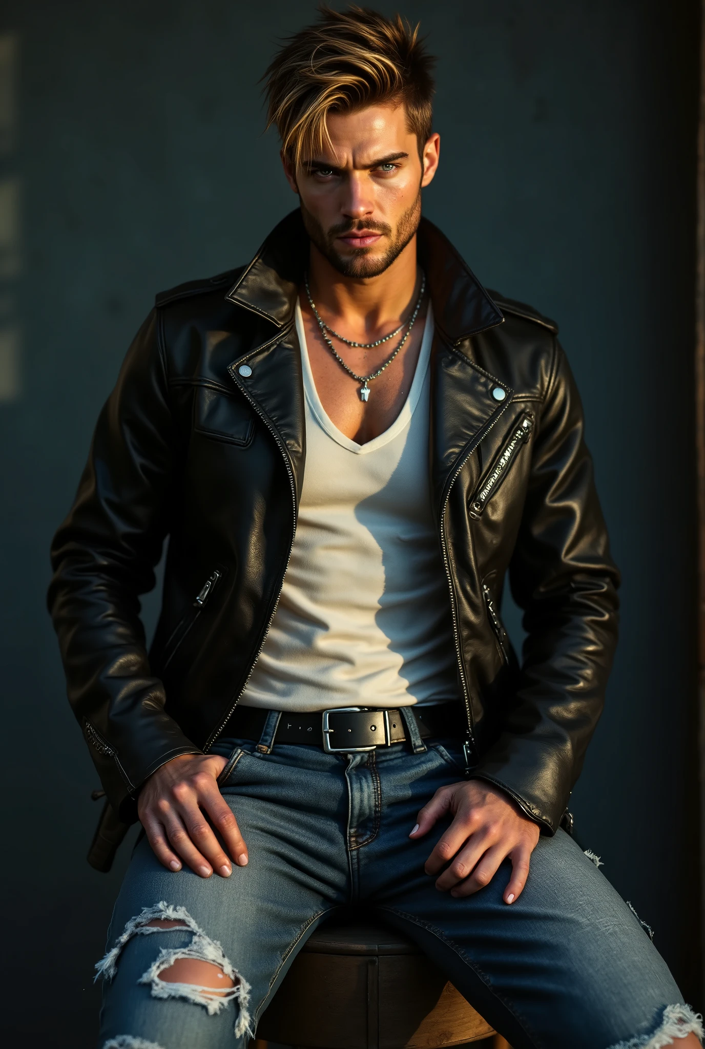 Ian Bohen, Peter Hale, Teen Wolf, 40 years old, short and messy light brown hair, honey-colored eyes, black leather jacket, open gray t-shirt, black denim pants, black shoes, wolf pendant, white wolf print. forest background fox aura around black color