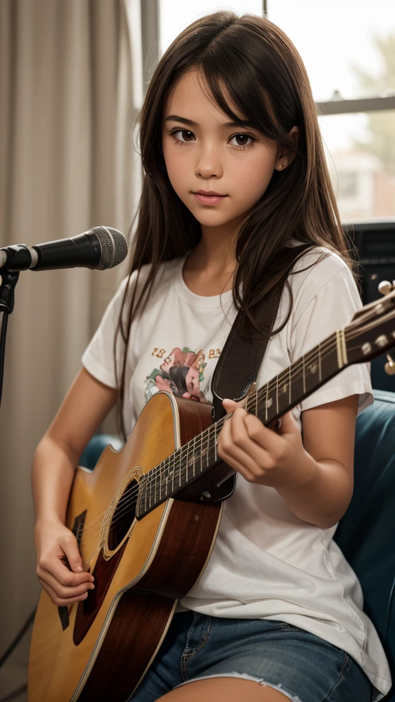 A cute girl with long straight brown hair, straight fringe, Brown eyes, pale skin, of white school shirt and gray skirt, the girl is in a room playing a guitar